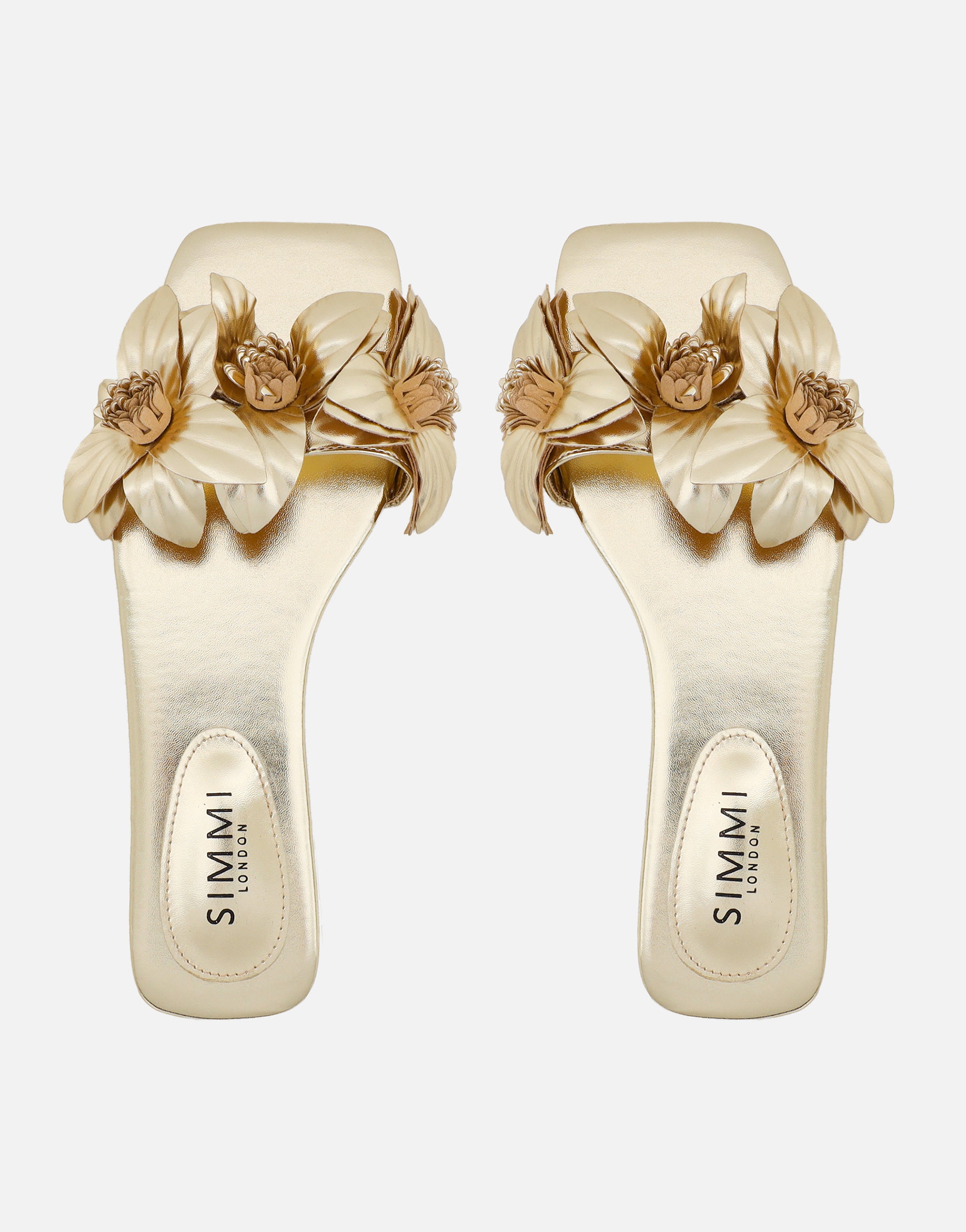 Gilly Gold Metallic Flower Detail Flat Sandals | SIMMI London