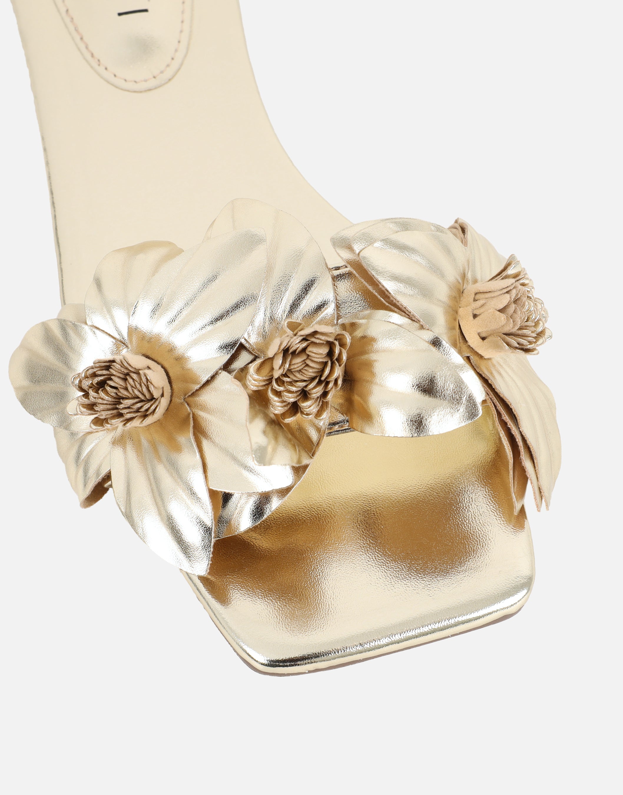 Gilly Gold Metallic Flower Detail Flat Sandals | SIMMI London