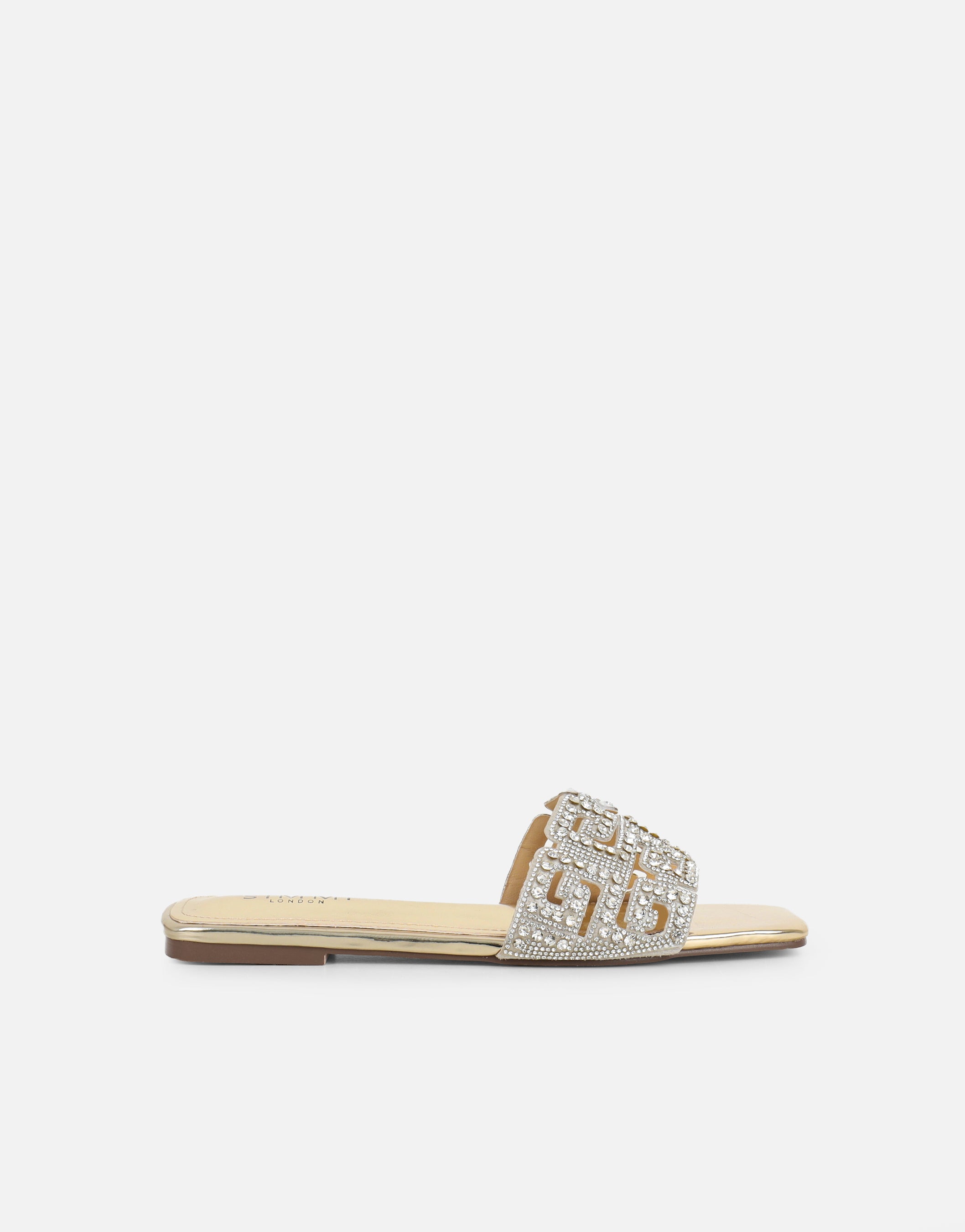 Rania Gold Mirror Diamante Patterned Flat Sandals | SIMMI London