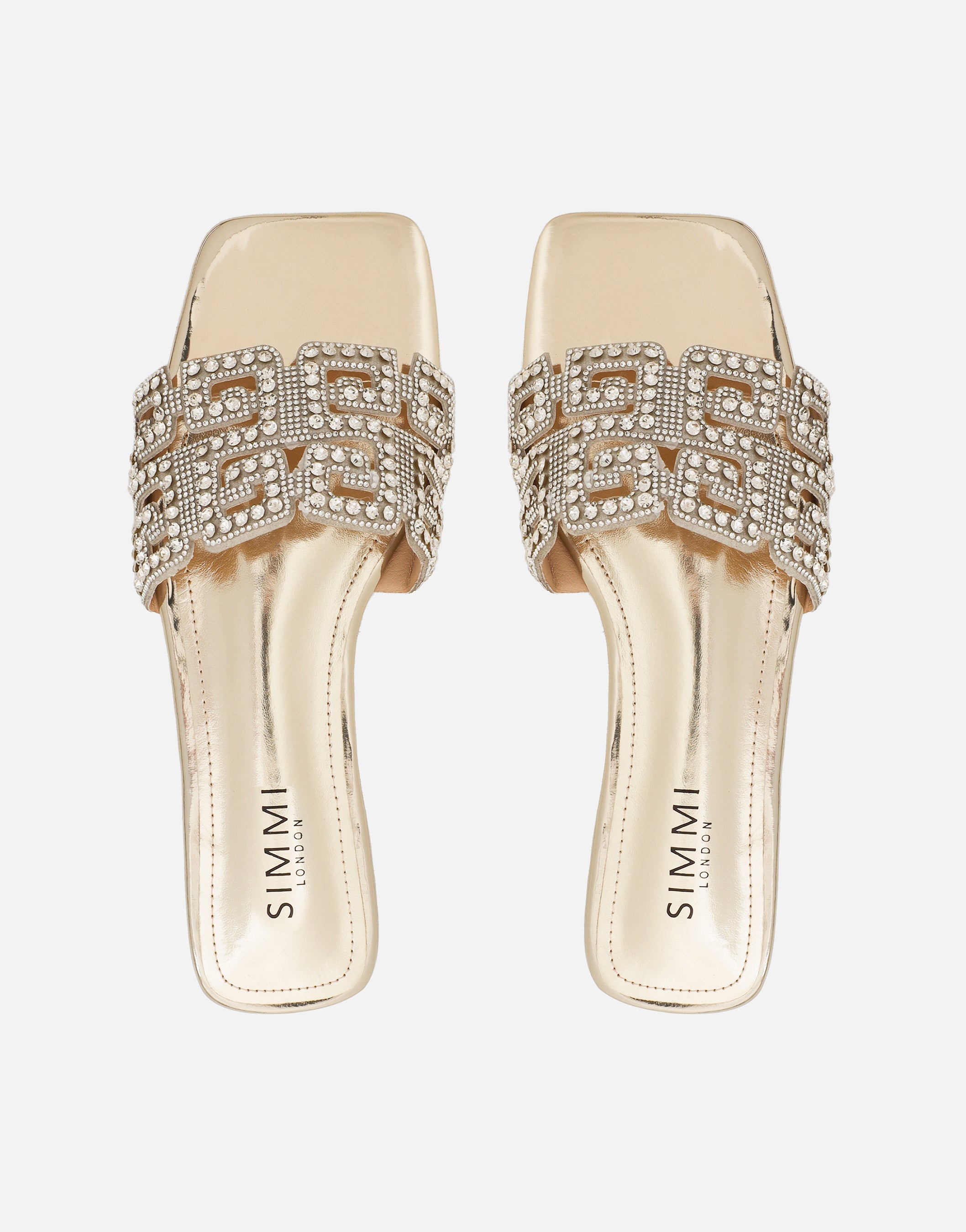 Rania Gold Mirror Diamante Patterned Flat Sandals | SIMMI London