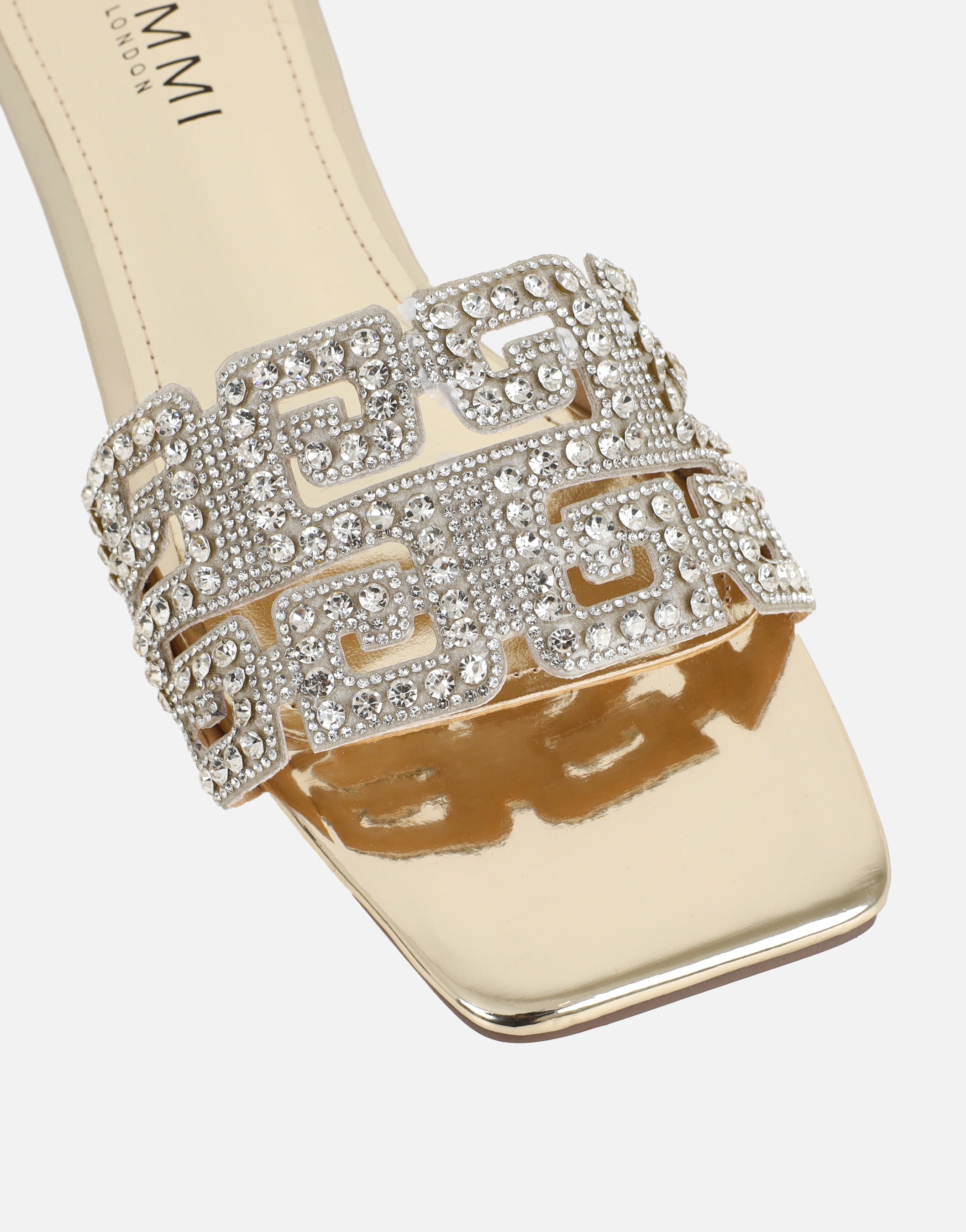 Rania Gold Mirror Diamante Patterned Flat Sandals | SIMMI London