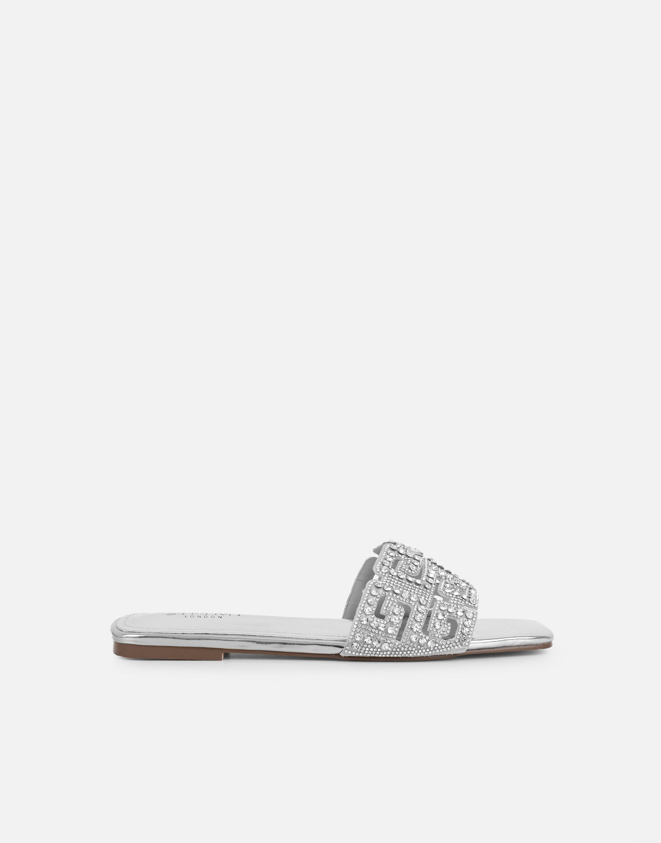 Rania Silver Mirror Diamante Patterned Flats Sandals | SIMMI London