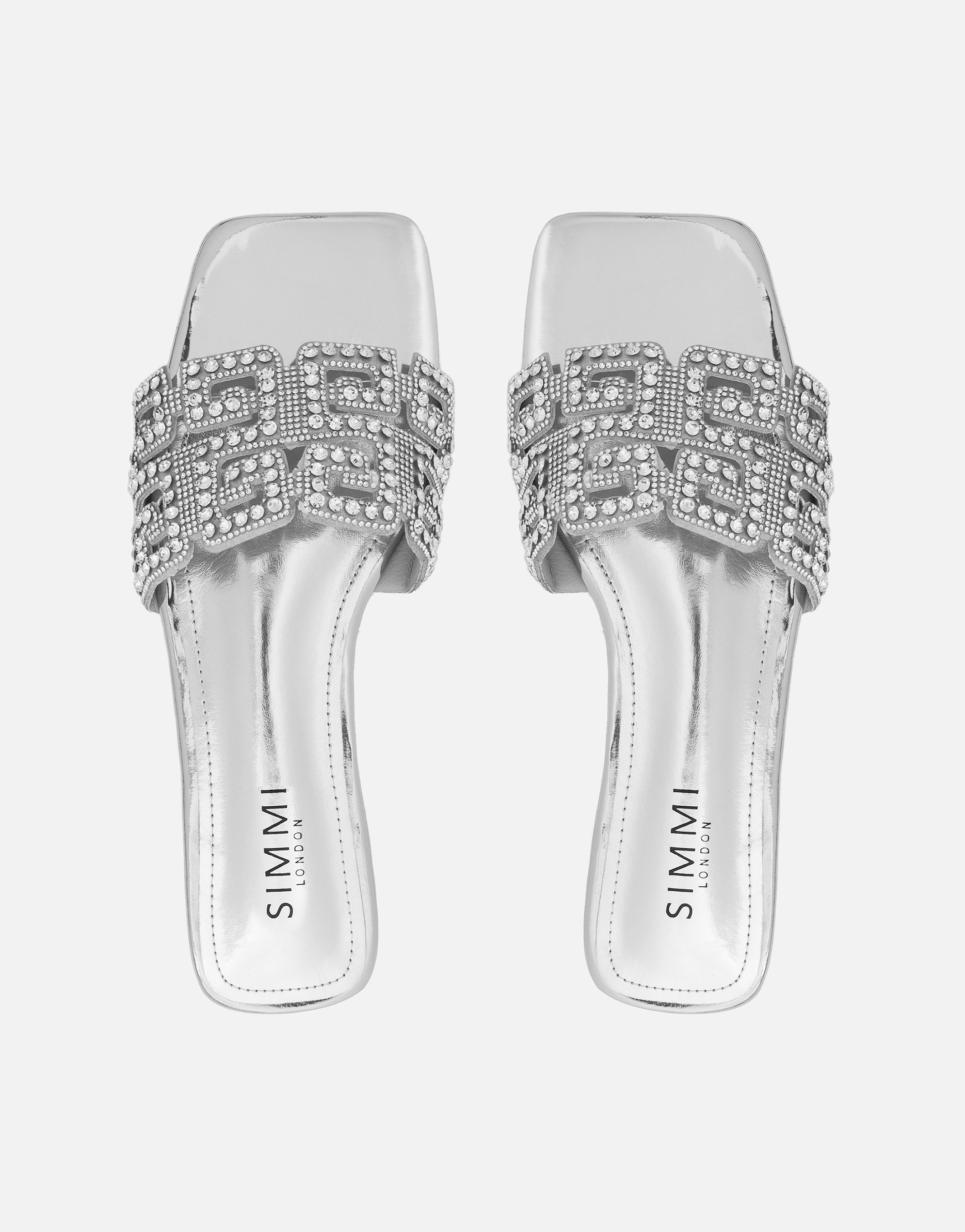 Rania Silver Mirror Diamante Patterned Flats Sandals | SIMMI London
