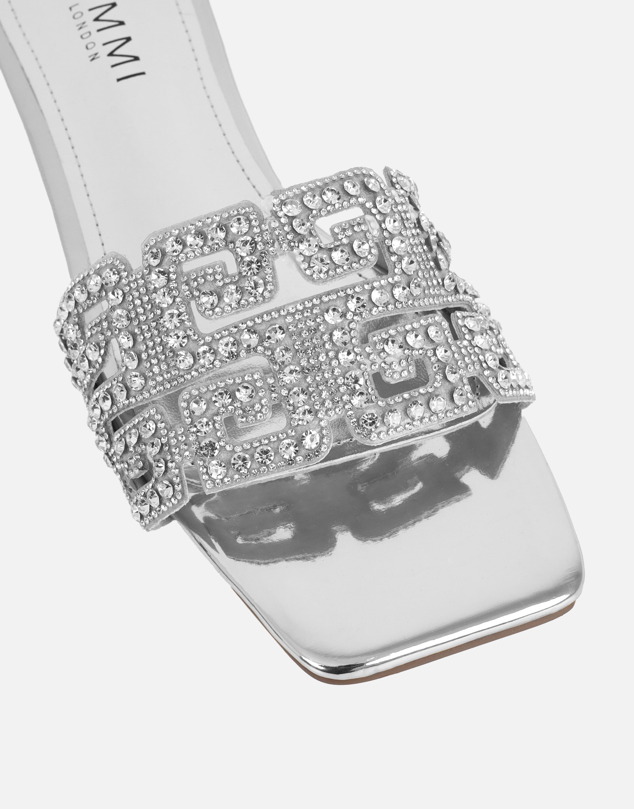 Rania Silver Mirror Diamante Patterned Flats Sandals | SIMMI London