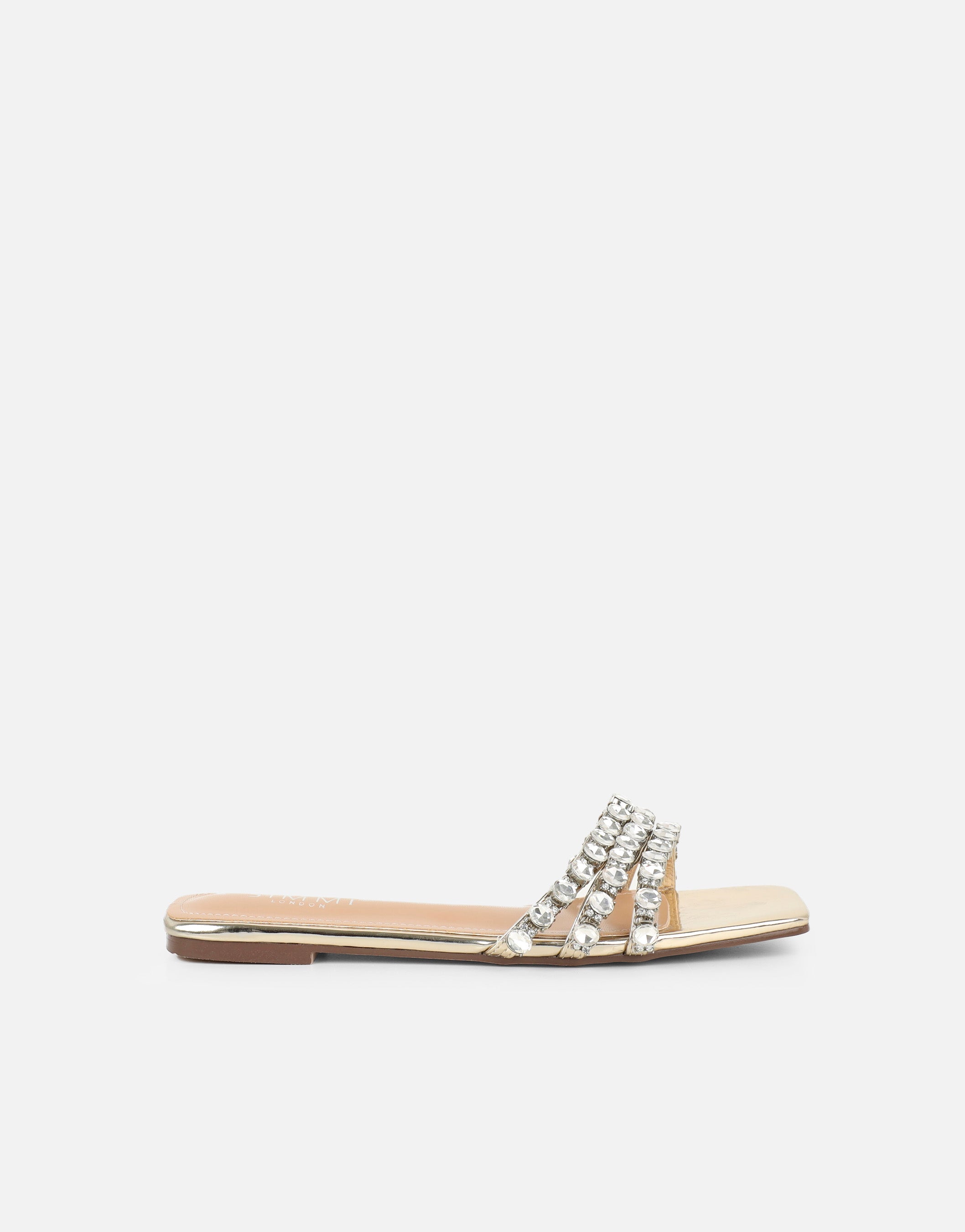Monroe Gold Mirror Diamante Flat Sandals | SIMMI London