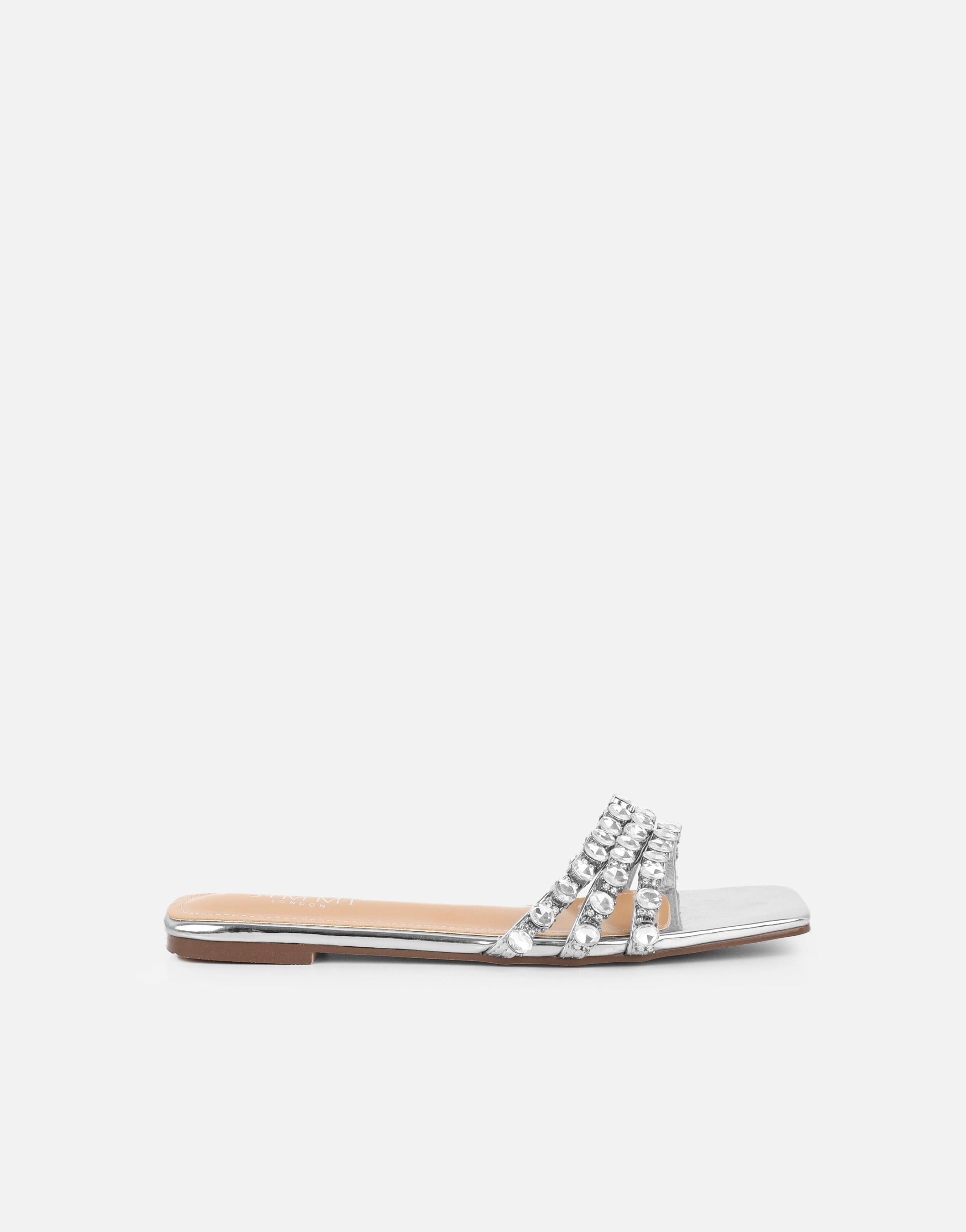 Monroe Silver Mirror Diamante Flat Sandals | SIMMI London
