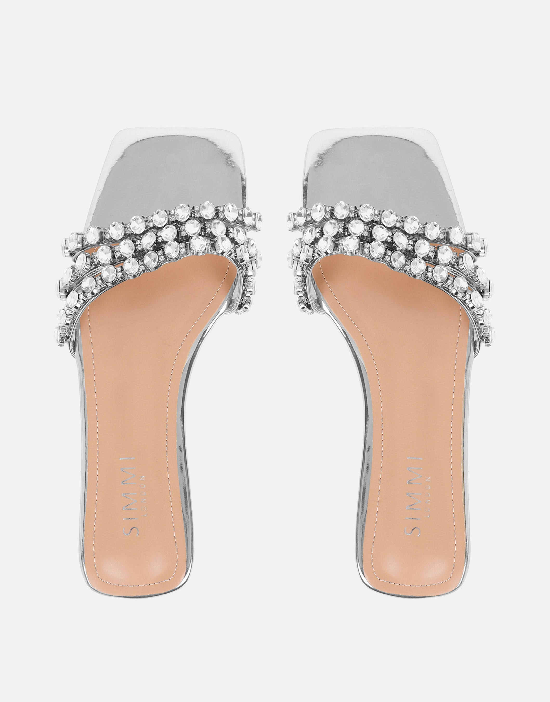 Monroe Silver Mirror Diamante Flat Sandals | SIMMI London
