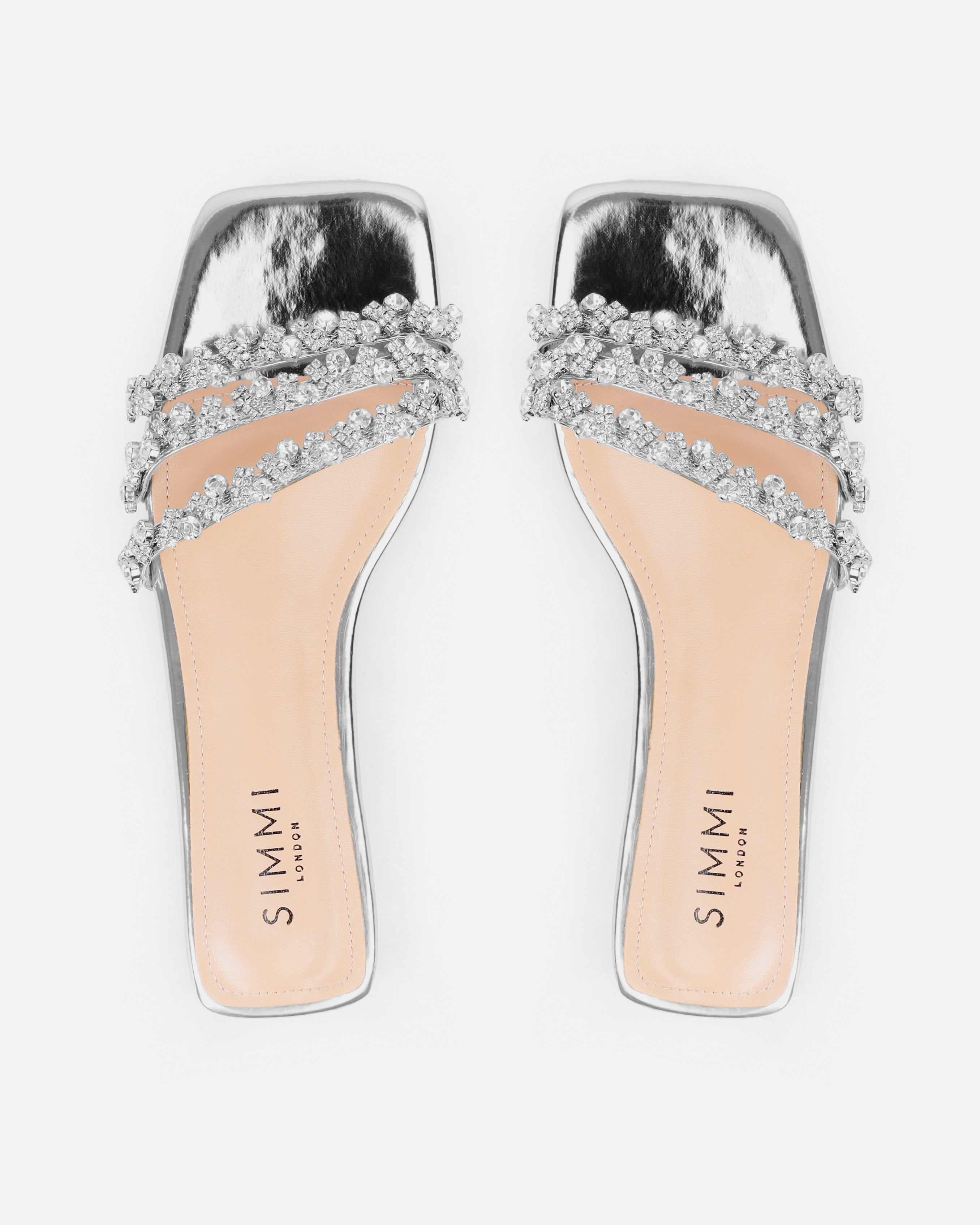Capri Wide Fit Silver Mirror Diamante Flat Sandals | SIMMI London