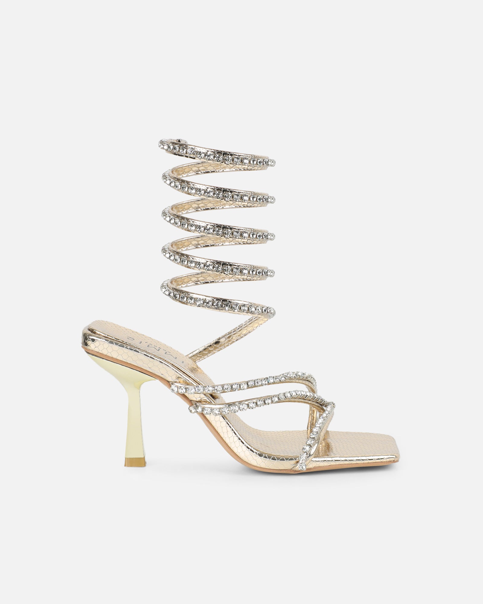 Freesia Gold Faux Snake Print Spiral Mid Heels | SIMMI London