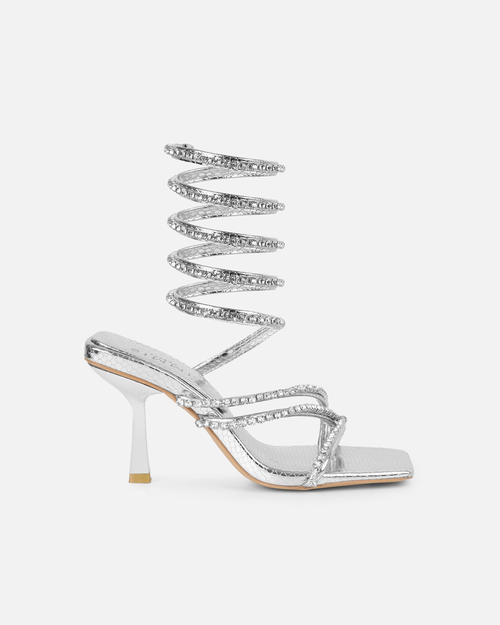 Freesia Silver Faux Snake Print Spiral Mid Heels | SIMMI London
