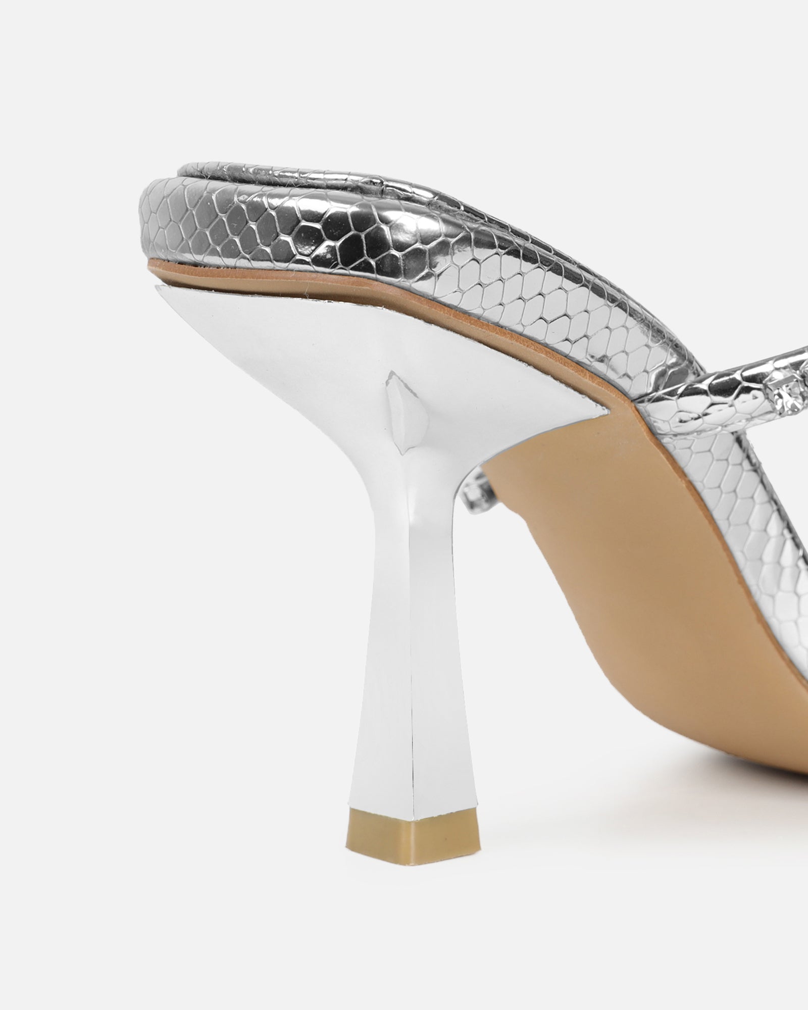 Freesia Silver Faux Snake Print Spiral Mid Heels | SIMMI London