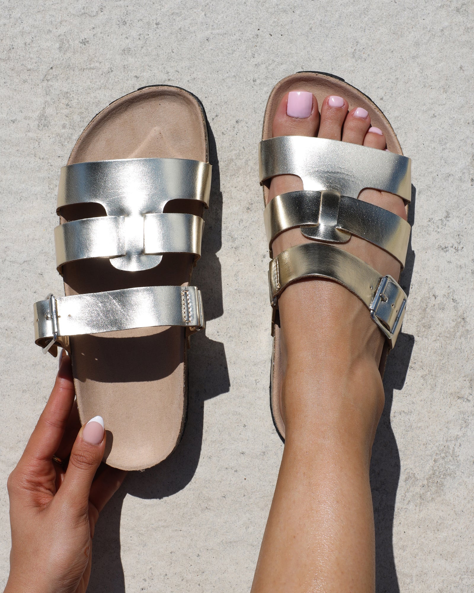 Amia Gold Metallic Slip on Footbed Slides | SIMMI London