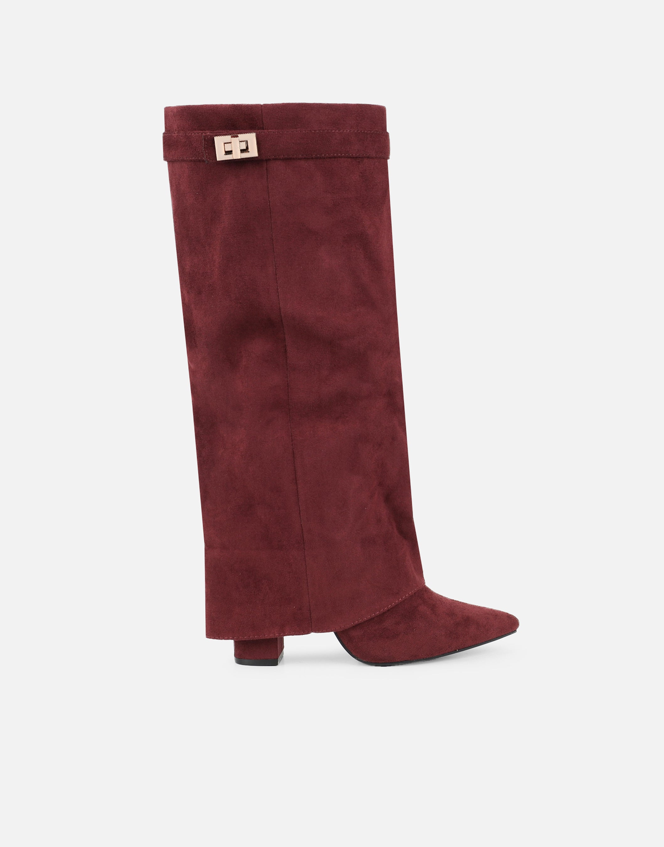 Anais Burgundy Microfibre Foldover Buckle Detail Heeled Boots | SIMMI London