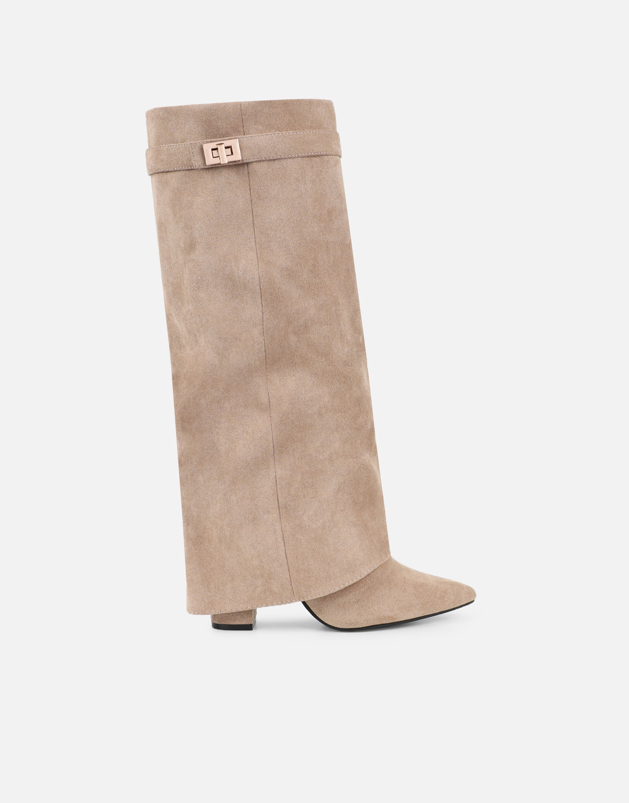 Anais Taupe Microfibre Foldover Buckle Detail Heeled Boots | SIMMI London