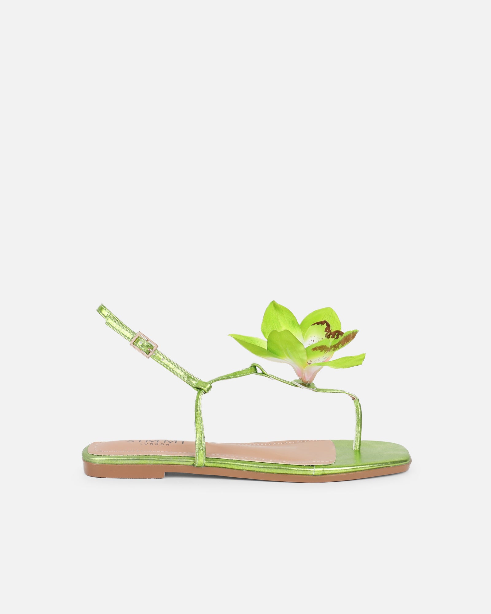 Aoife Green Metallic Flower Detail Sandals | SIMMI London