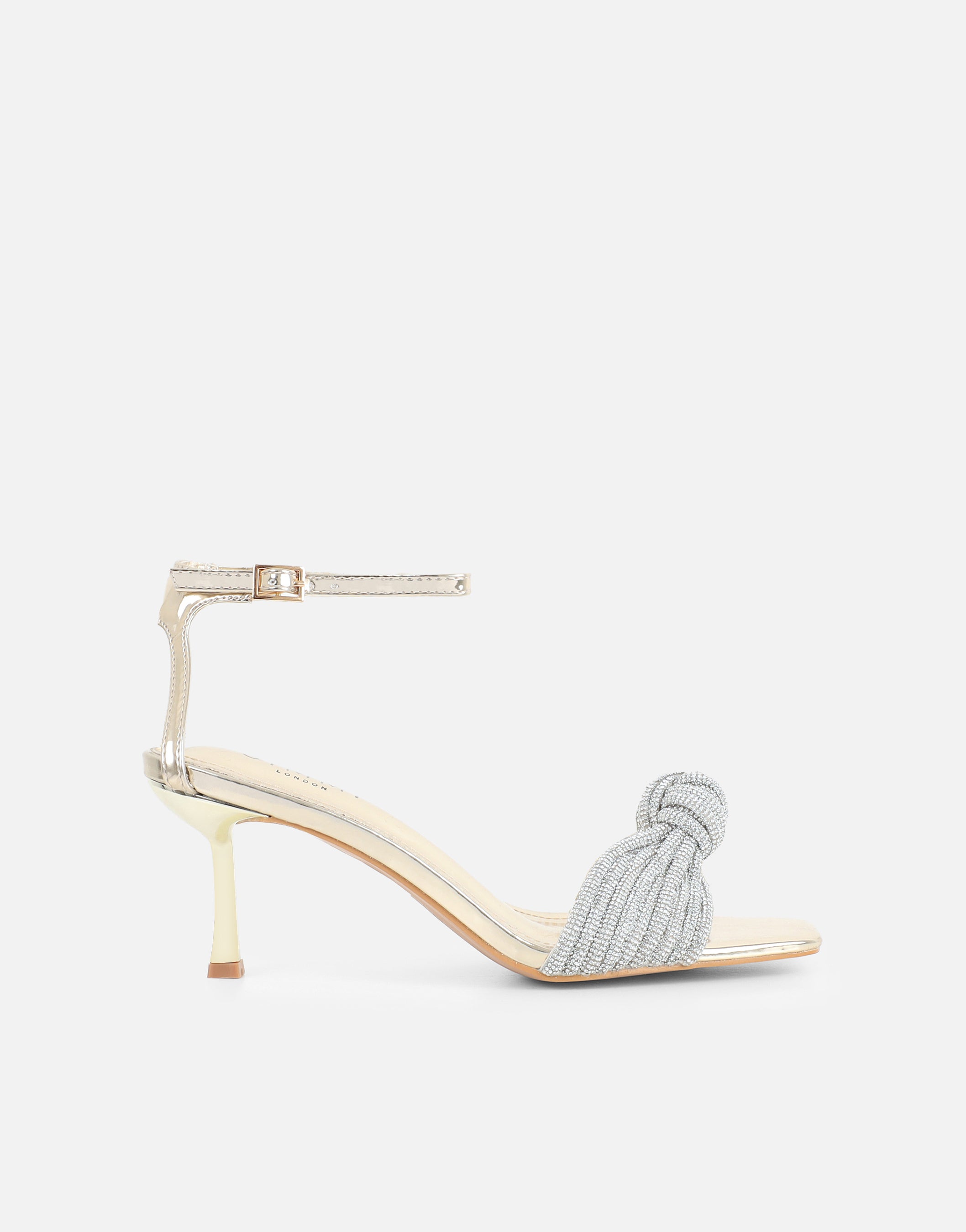 Anha Gold Mirror Diamante Knot Heeled Sandals| SIMMI London