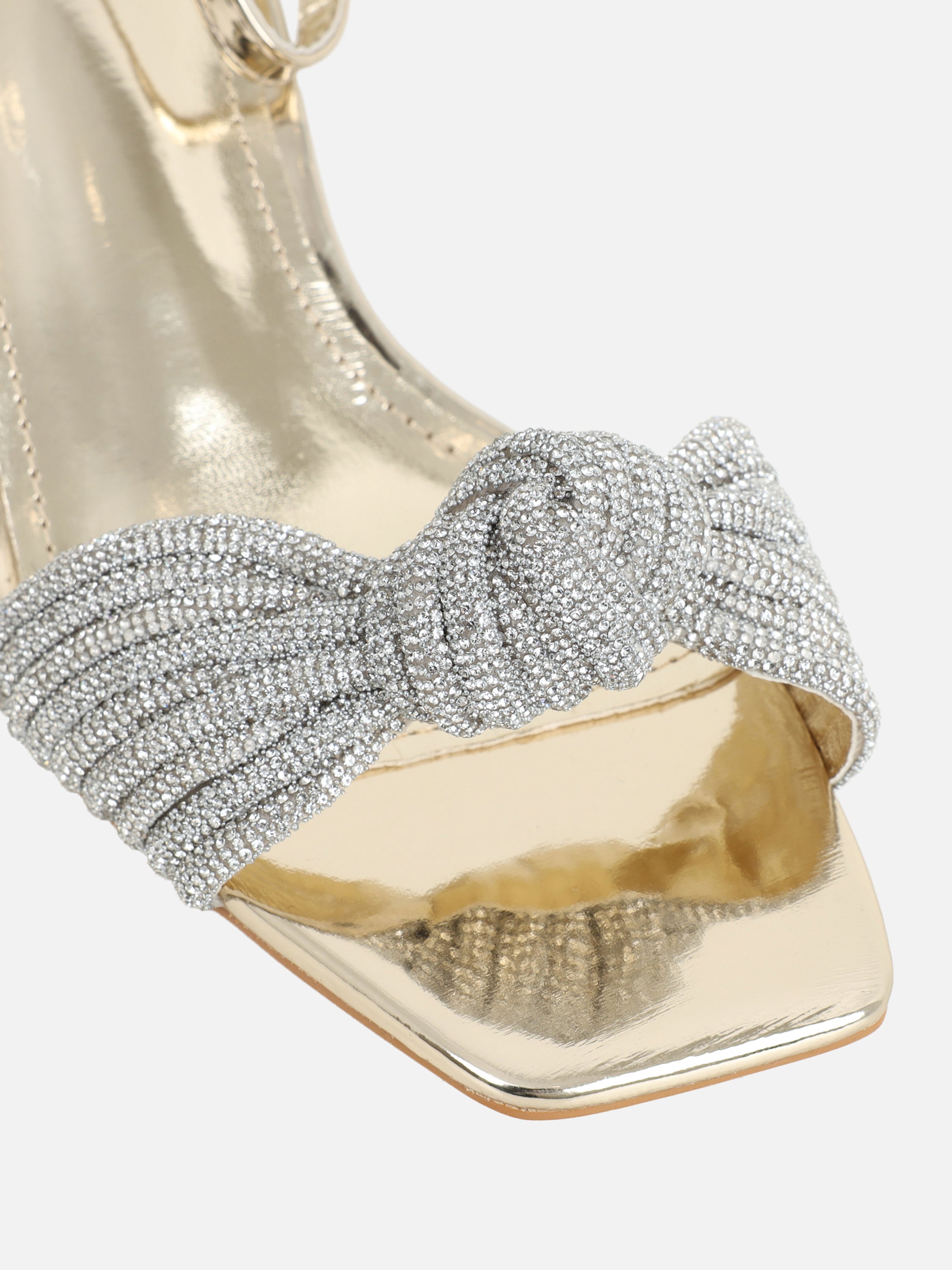 Anha Gold Mirror Diamante Knot Heeled Sandals| SIMMI London