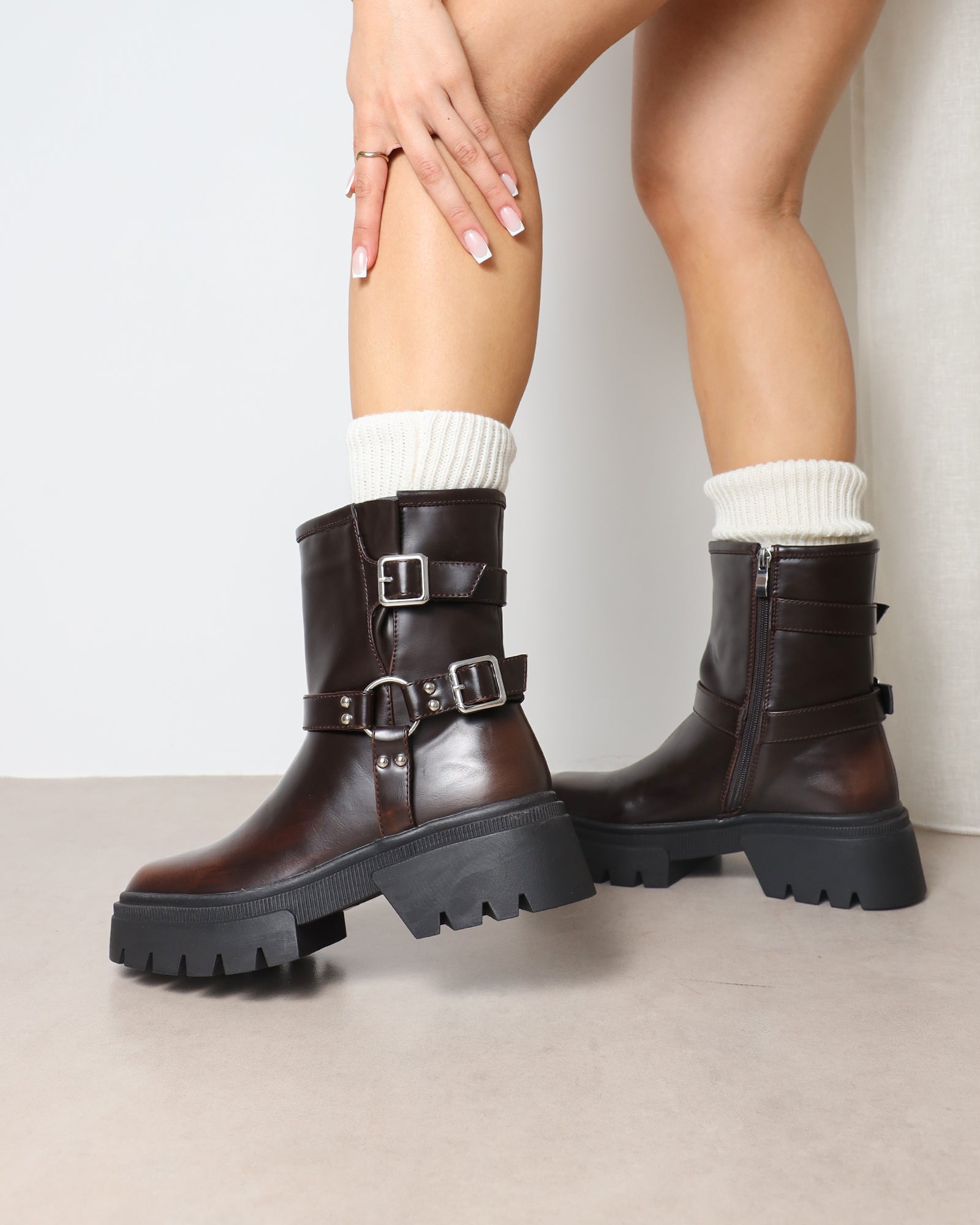 Alpesh Brown Burnished Chunky Biker Boots | SIMMI London