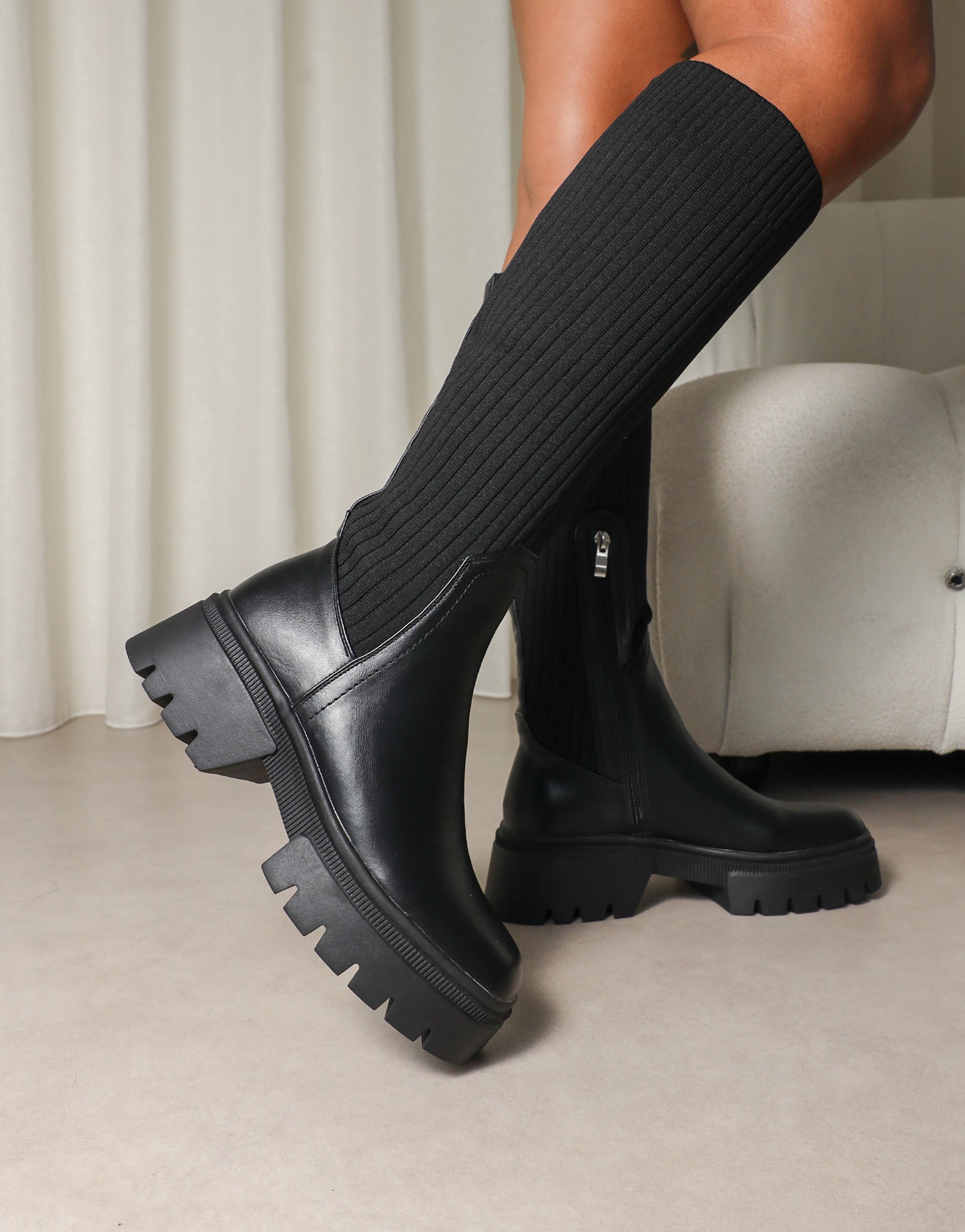 Kenneth Black Knit Knee High Chunky Boots | SIMMI London