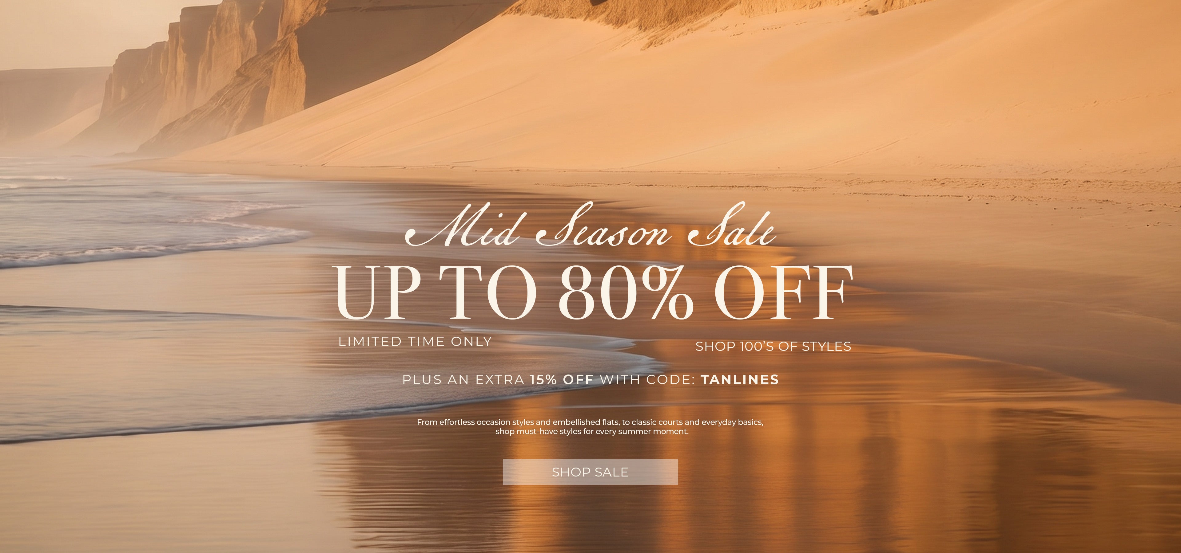 Desert landscape with a promotional text overlay for a mid-season sale.