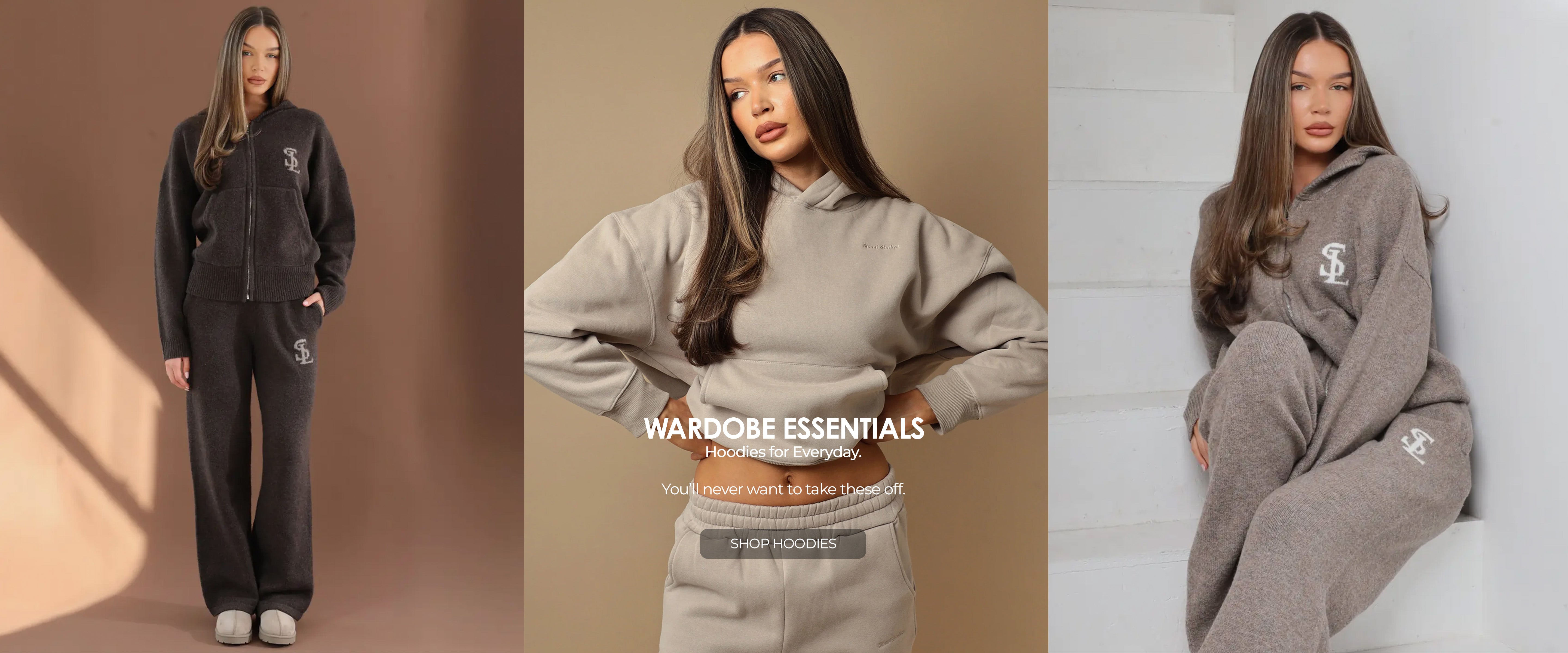 Three images of a woman wearing different outfits with 'Wardrobe Essentials' text.