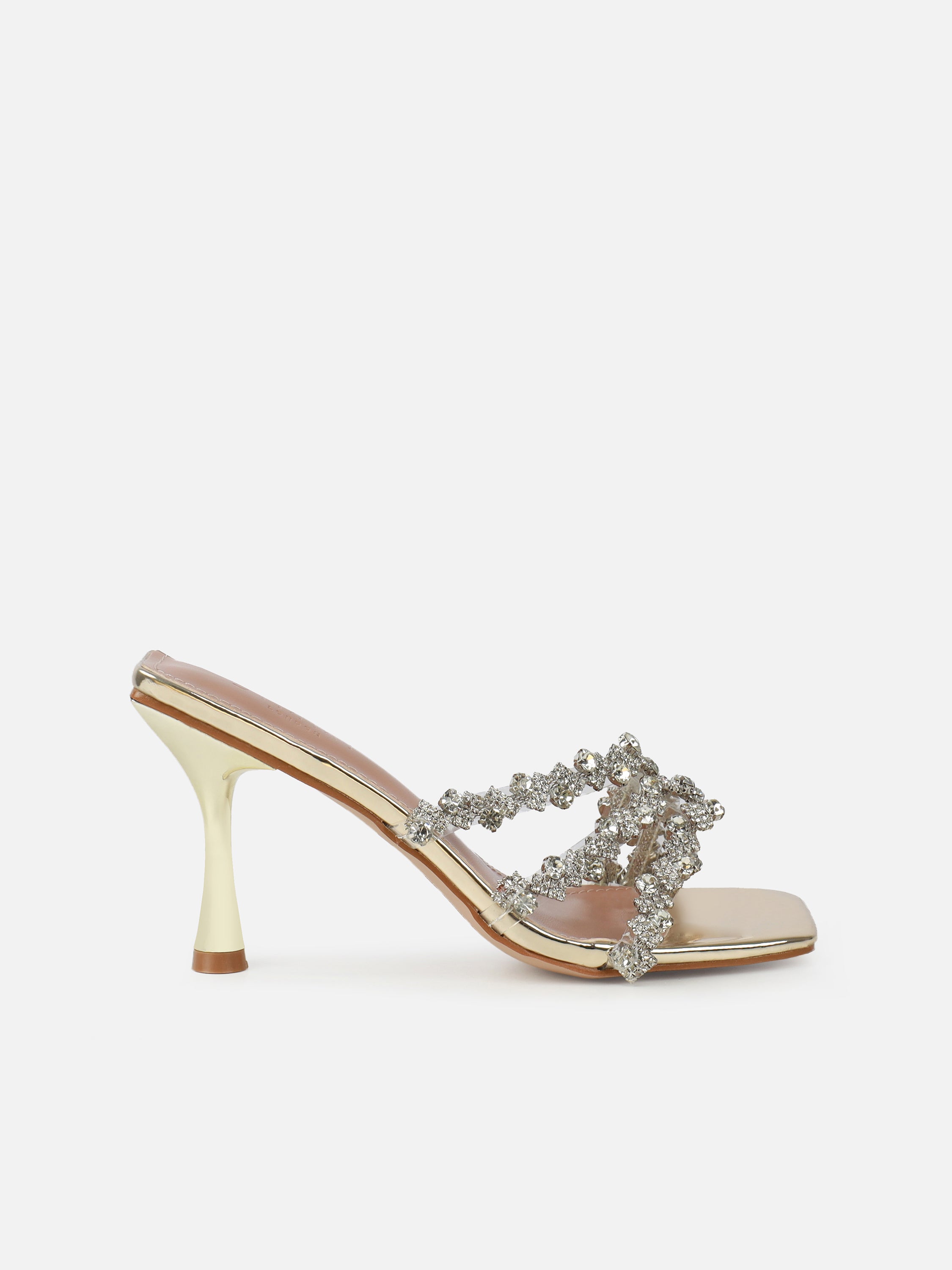 Blushing Gold Mirror Diamante Mid Heel Mules Wide Fit | SIMMI London