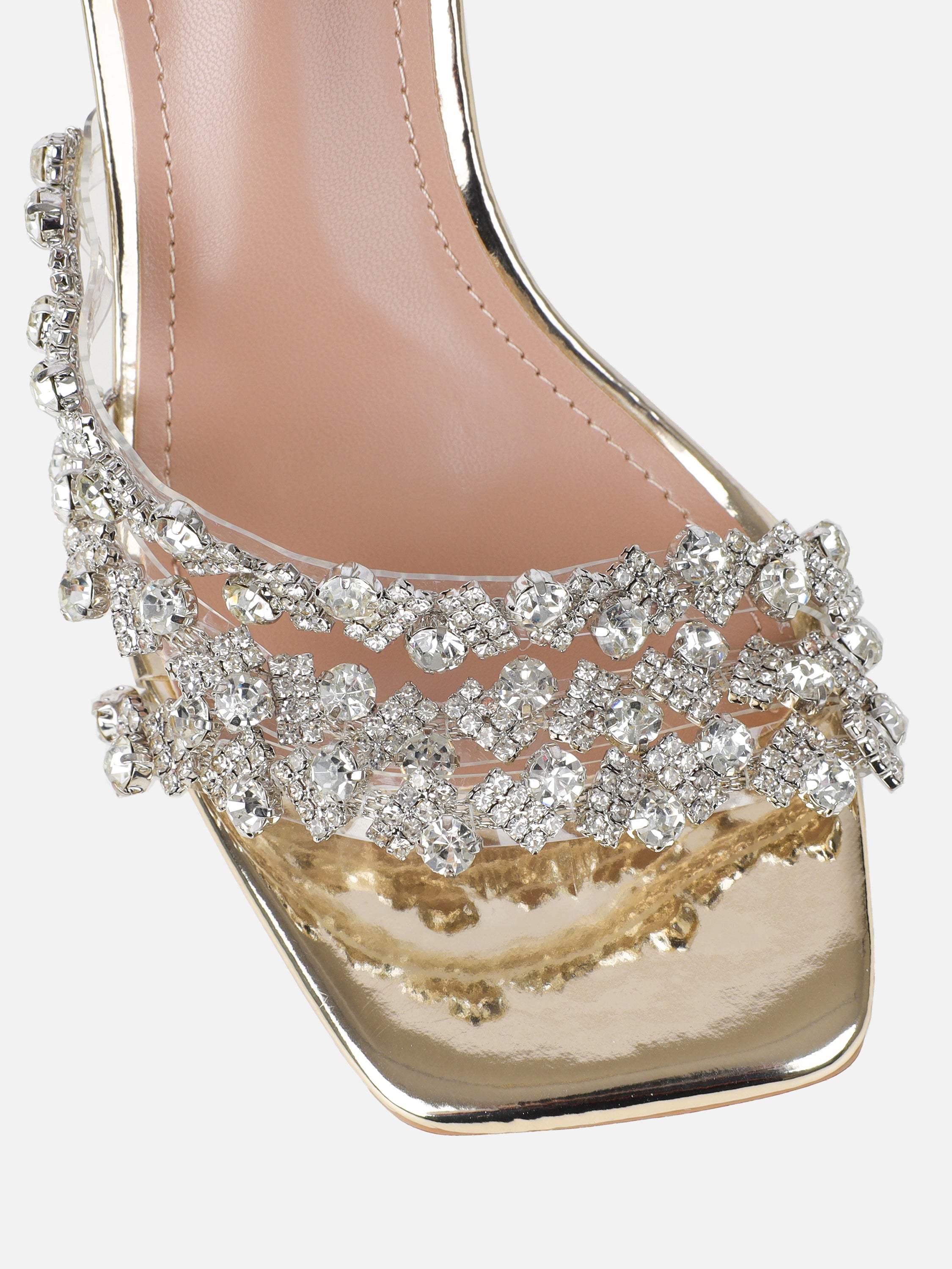 Blushing Gold Mirror Diamante Mid Heel Mules Wide Fit | SIMMI London