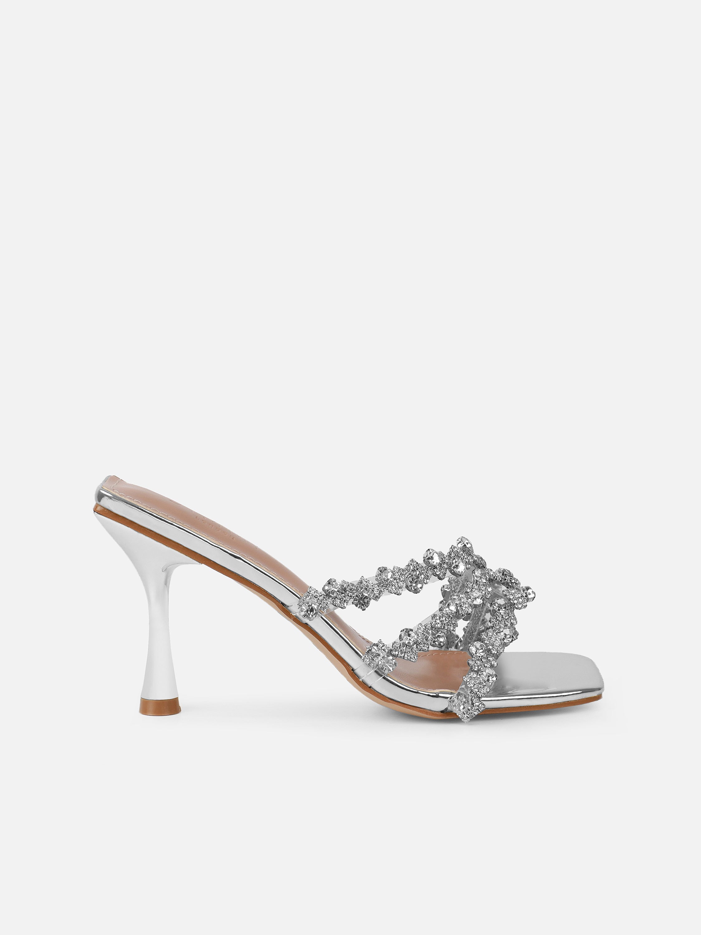 Blushing Silver Mirror Diamante Mid Heel Mules Wide Fit | SIMMI London