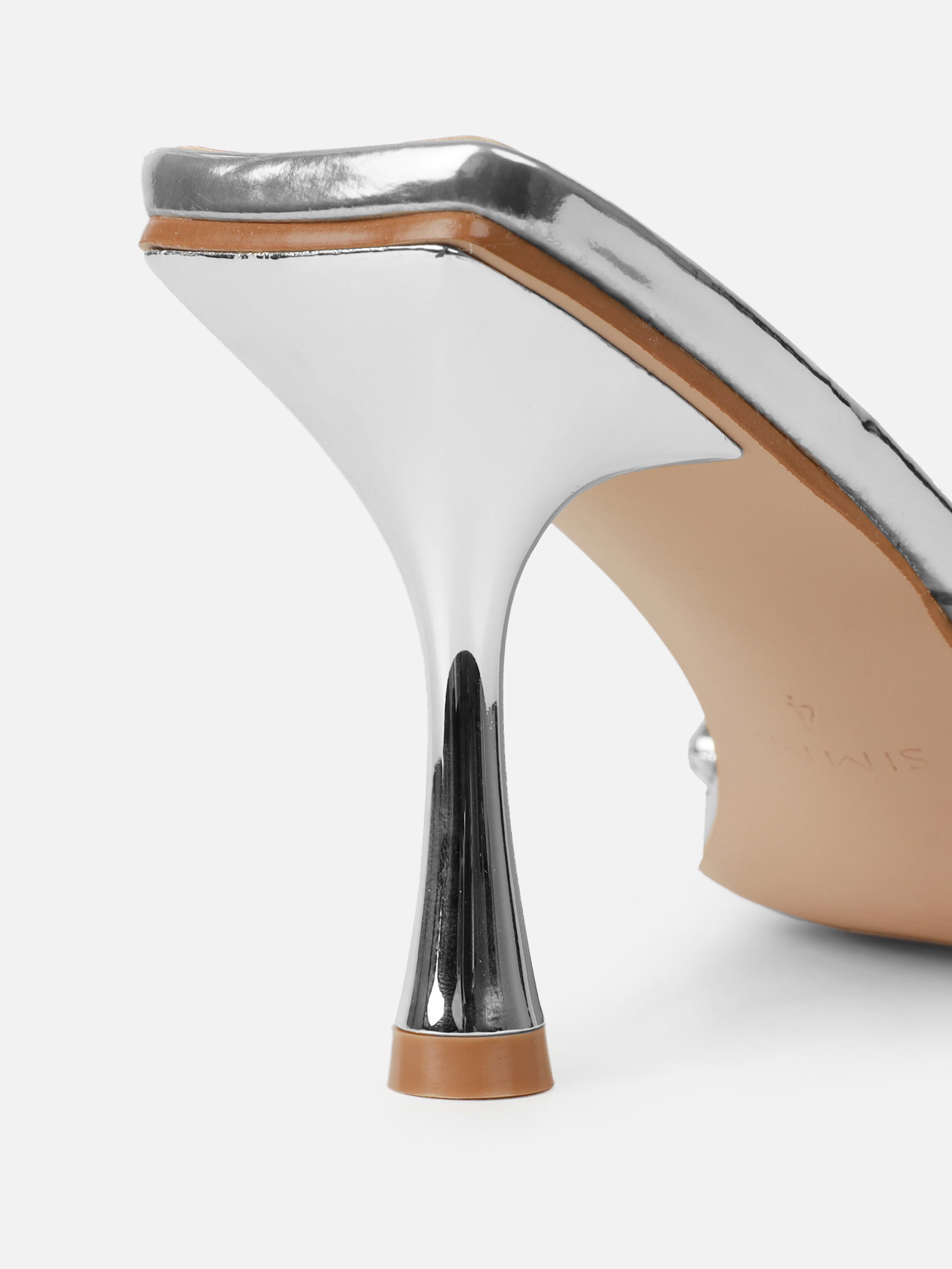 Blushing Silver Mirror Diamante Mid Heel Mules Wide Fit | SIMMI London
