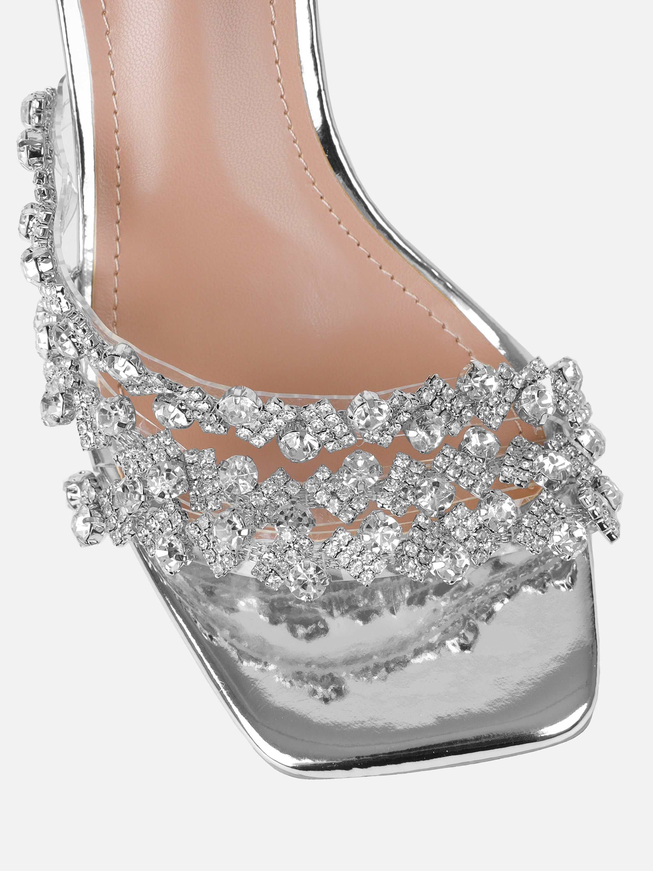 Blushing Silver Mirror Diamante Mid Heel Mules Wide Fit | SIMMI London