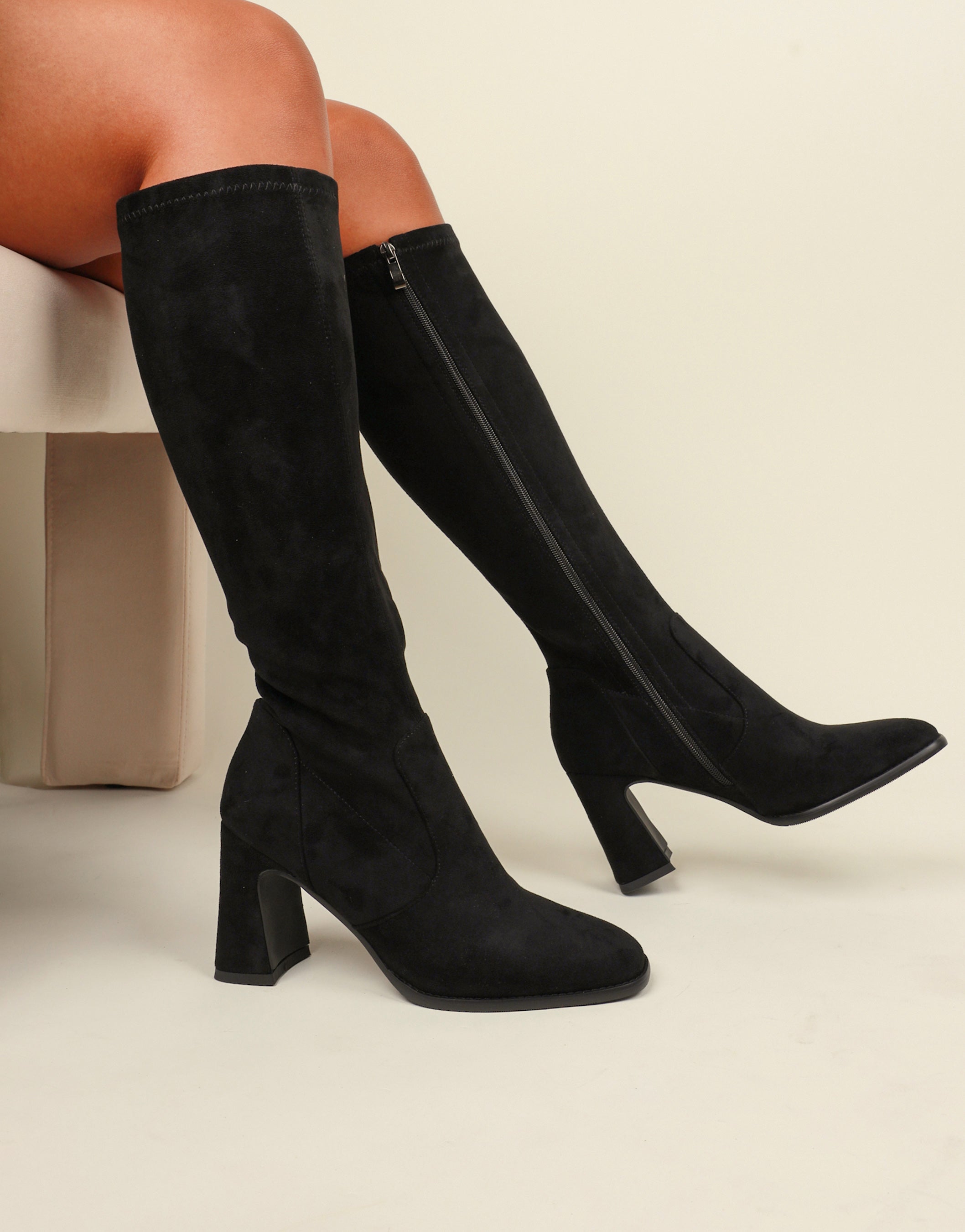 Beatrix Black Suedette Knee High Block Heeled Boots | SIMMI London