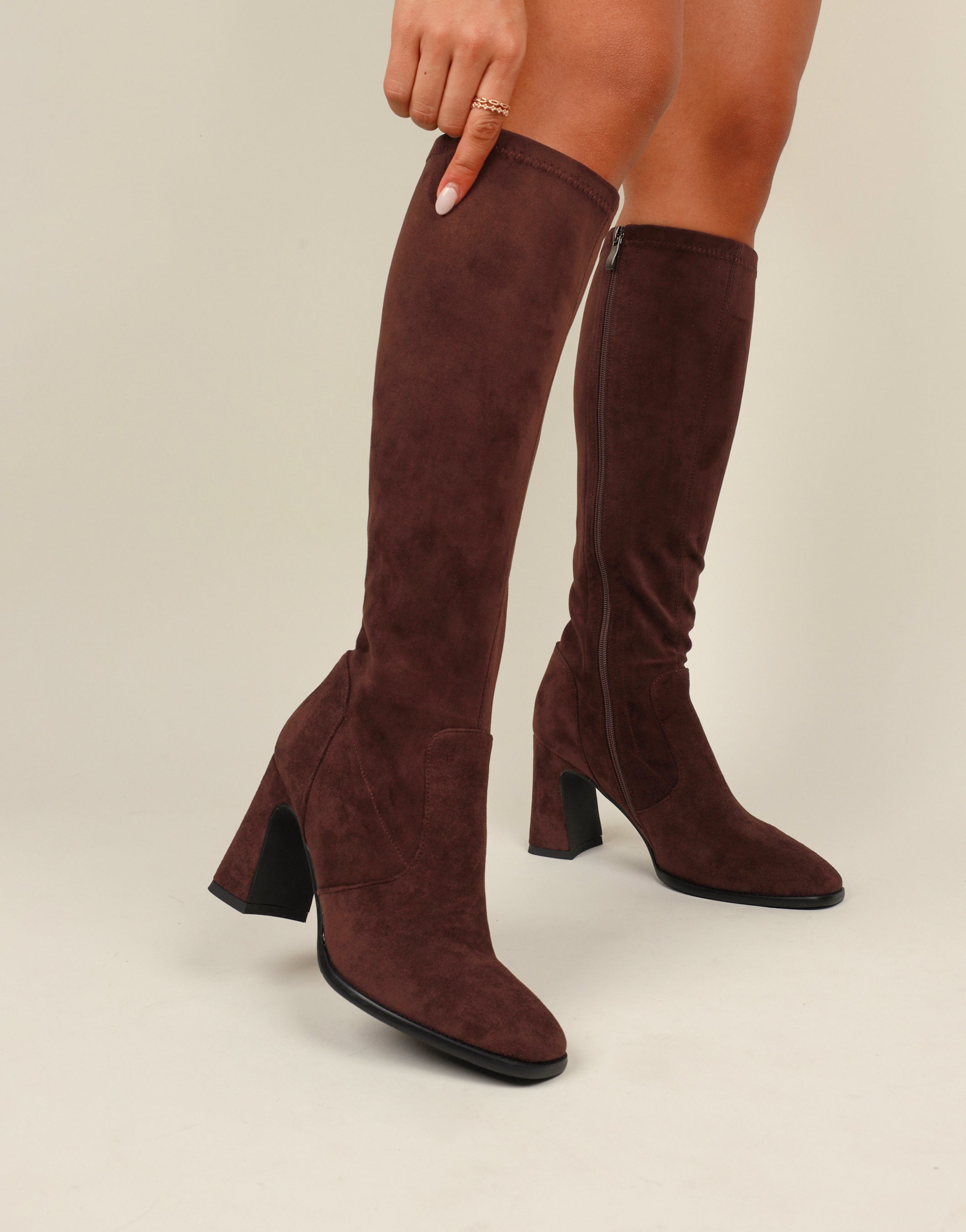 Beatrix Brown Suedette Knee Height Boots | SIMMI London