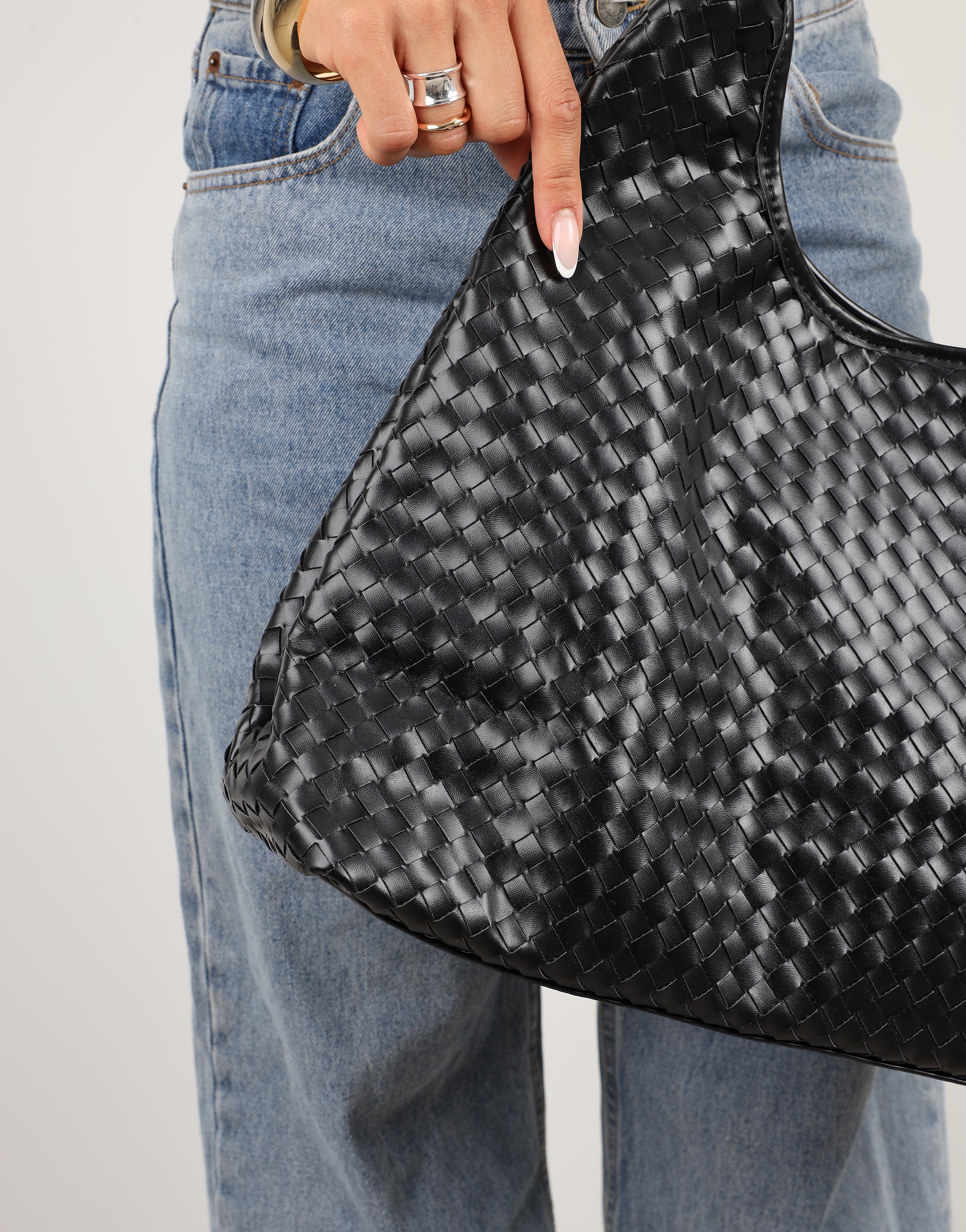Caria Black Woven Shoulder Bag | SIMMI London