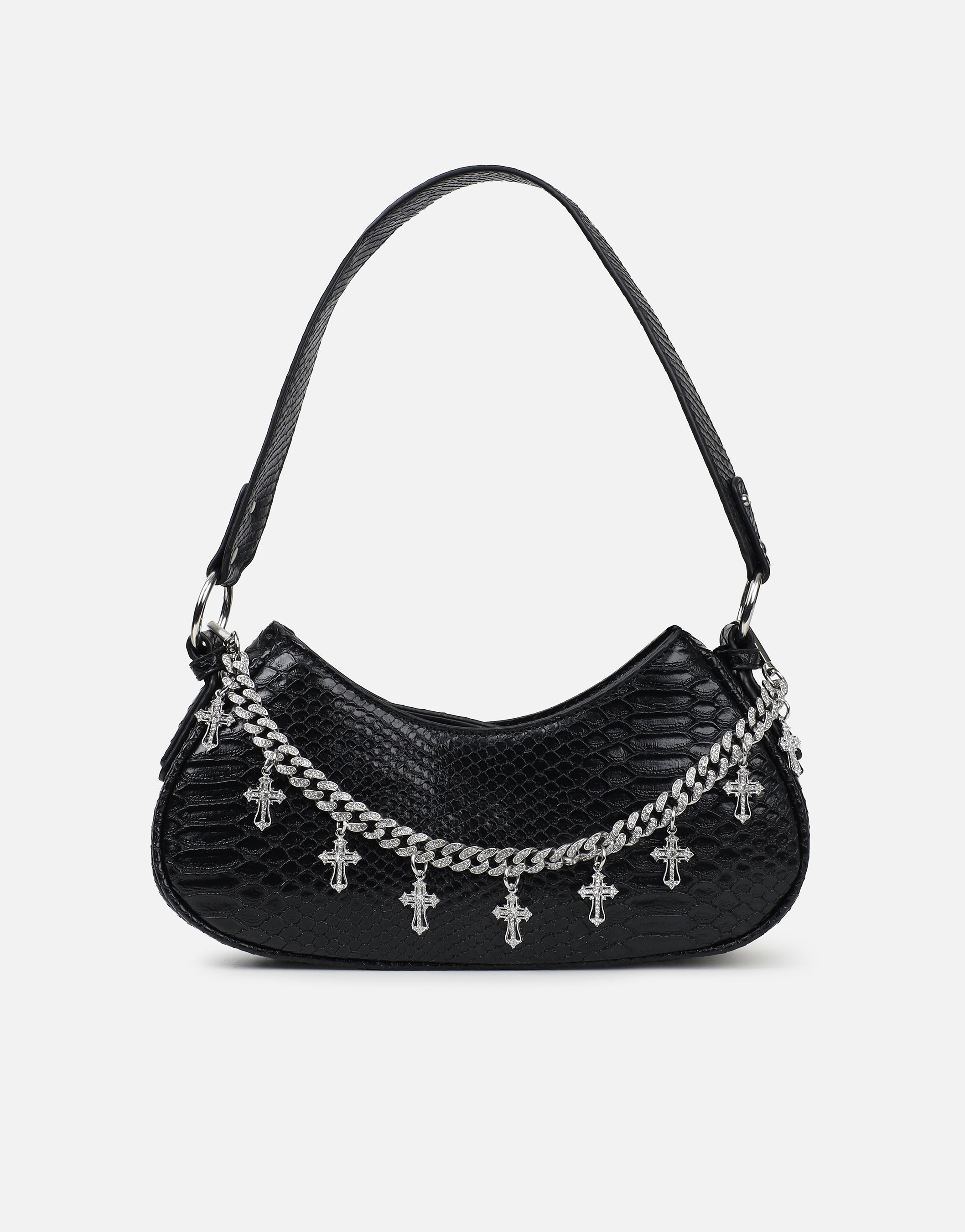 Carmine Black Snake Effect Diamante Cross Chain Shoulder Bag | SIMMI London