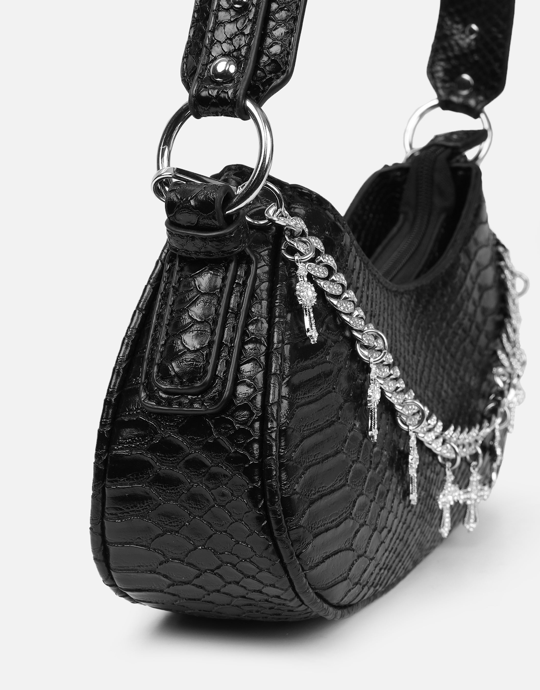 Carmine Black Snake Effect Diamante Cross Chain Shoulder Bag | SIMMI London