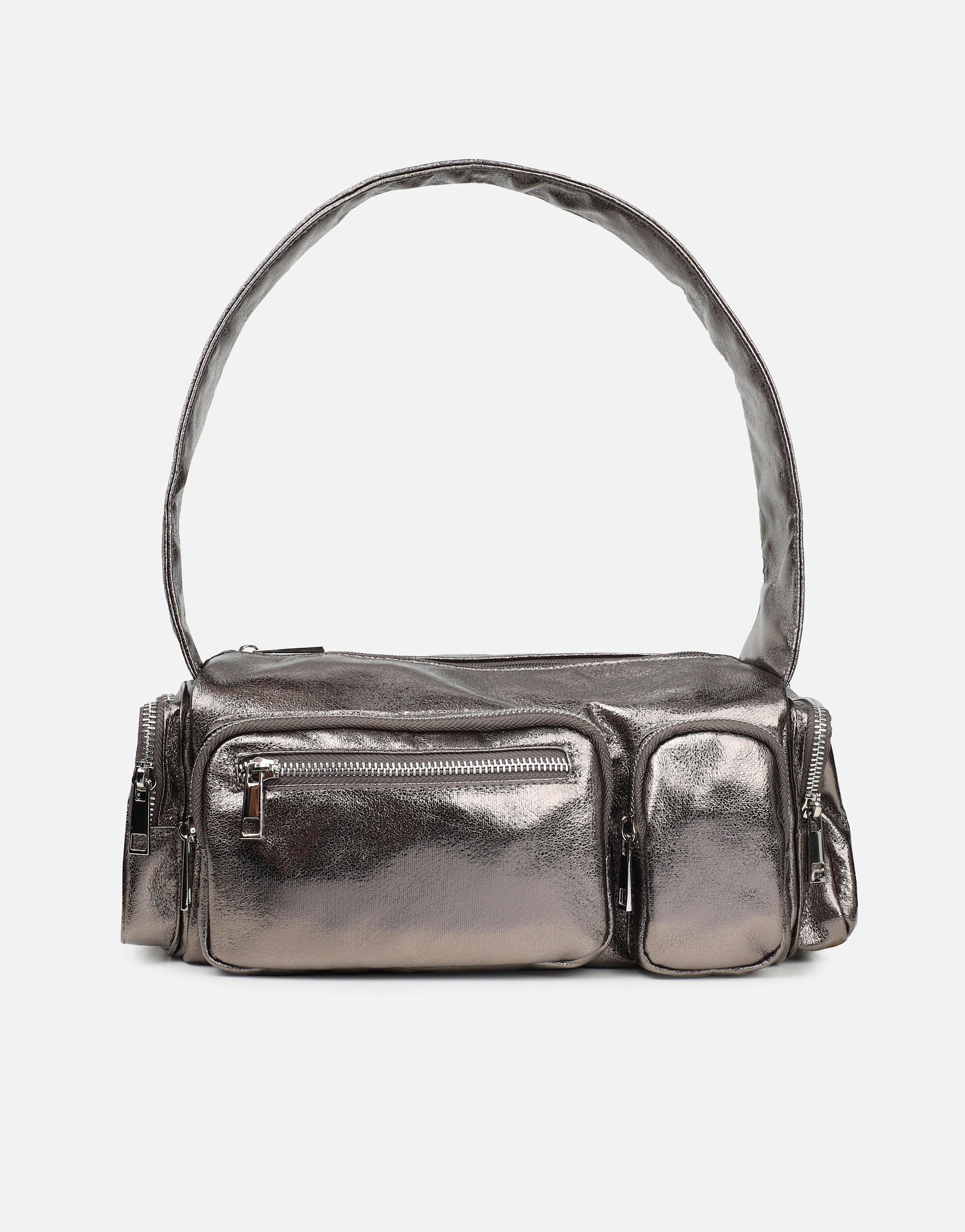 Ceyda Pewter Metallic Barrel Utility Shoulder Bag | SIMMI London