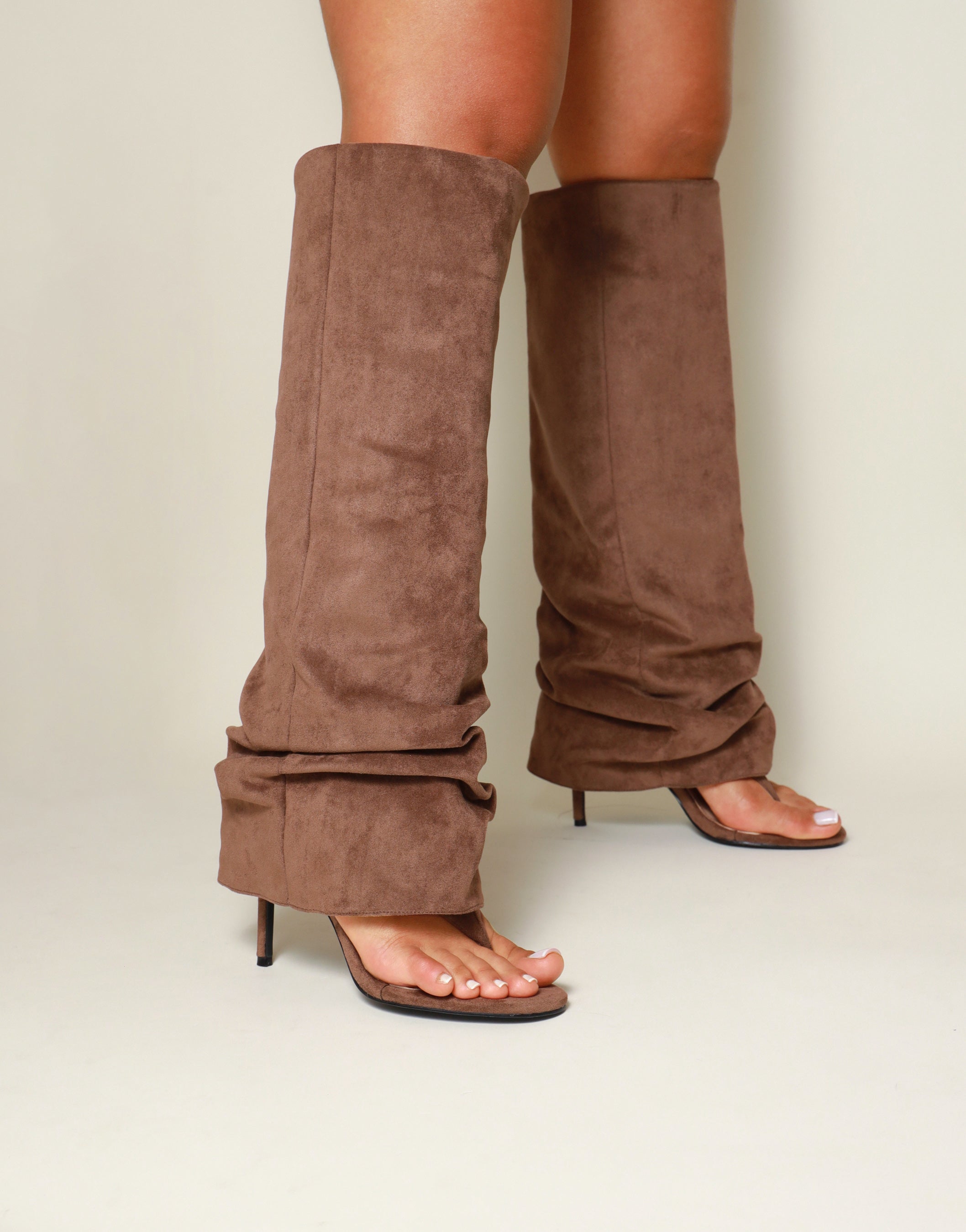 Conon Biege Suedette Ruched Knee High Boots | SIMMI London