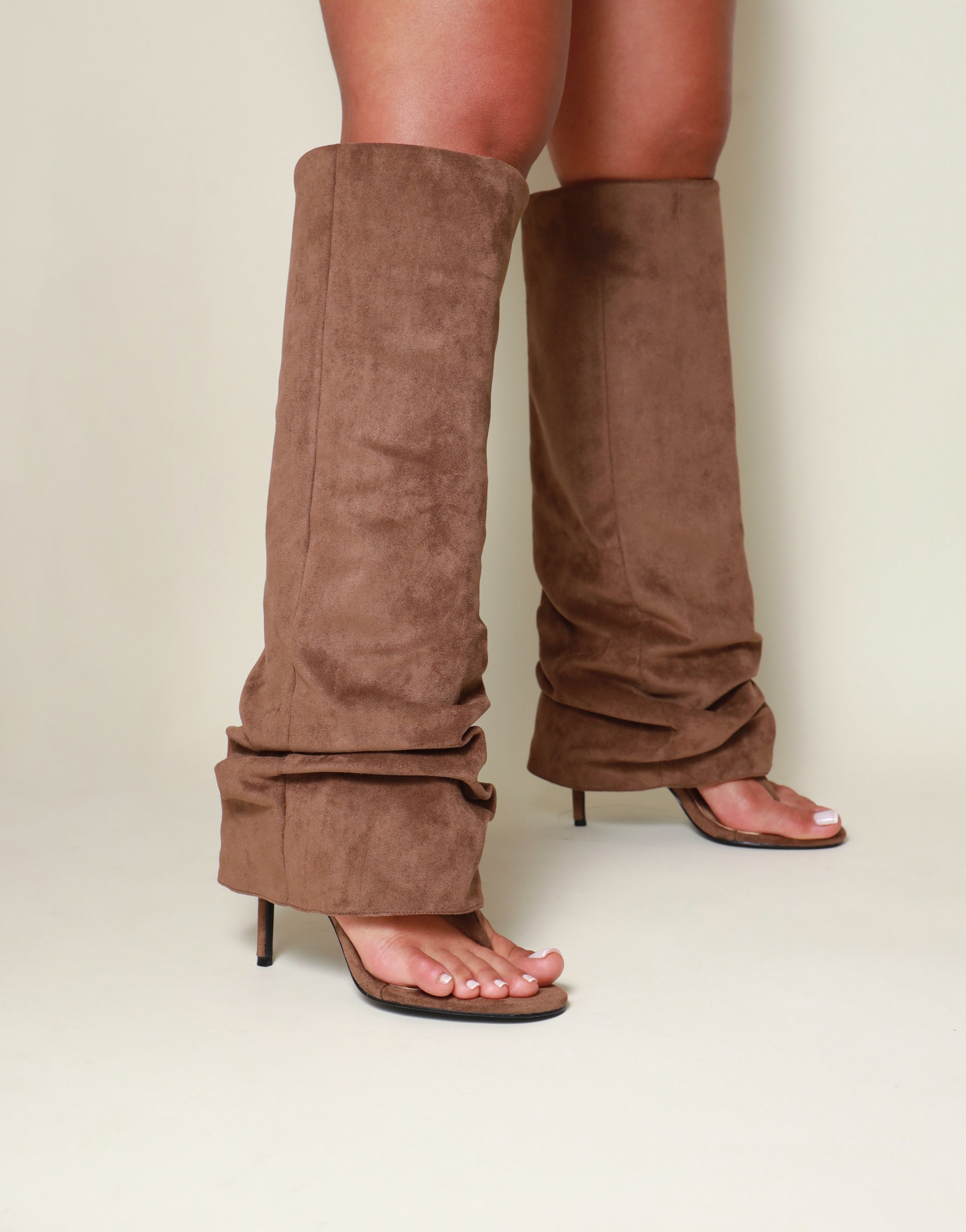 Conon Biege Suedette Ruched Knee High Boots | SIMMI London