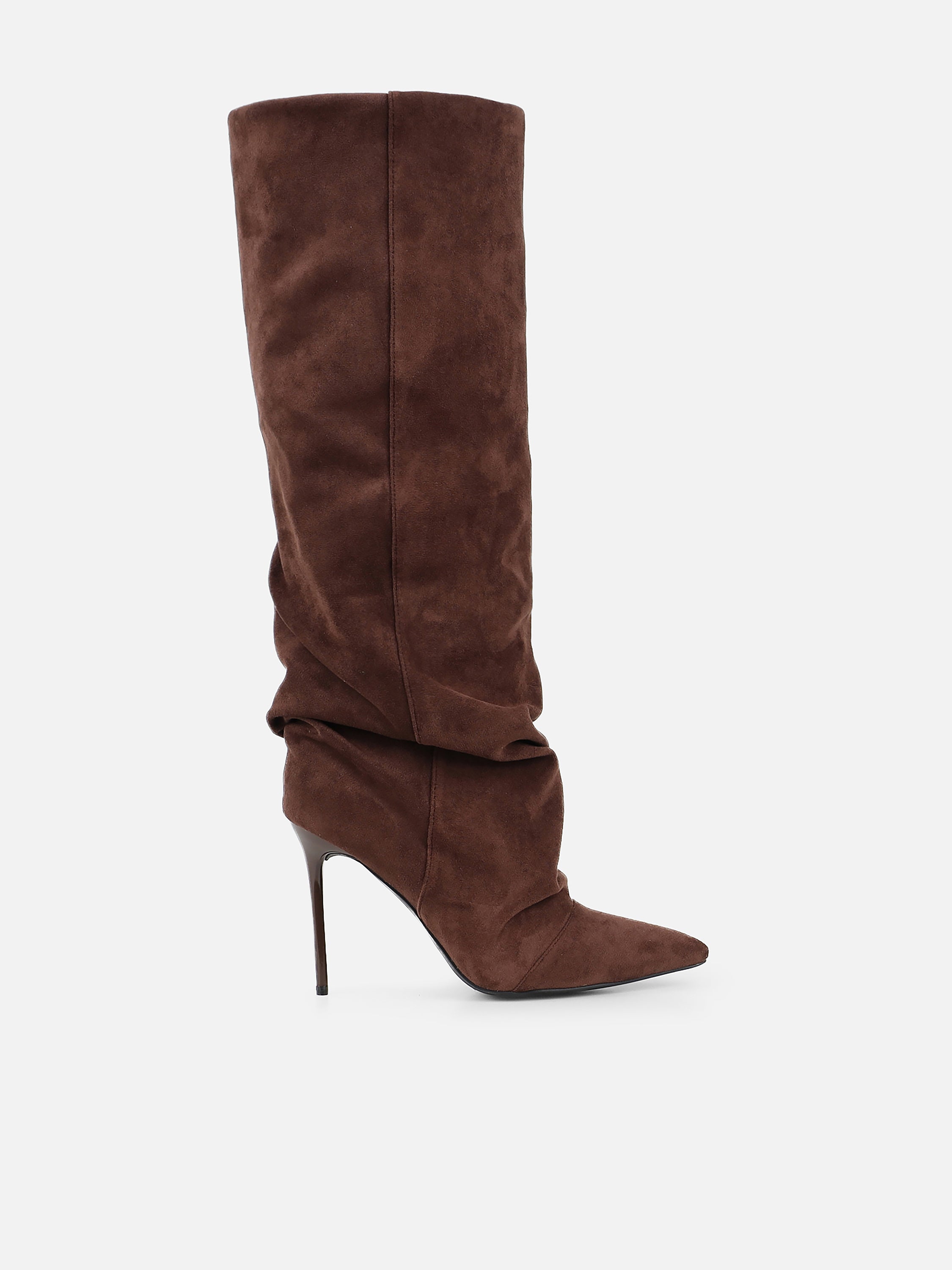Cotton Brown Suede Ruched Heeled Boots | SIMMI London