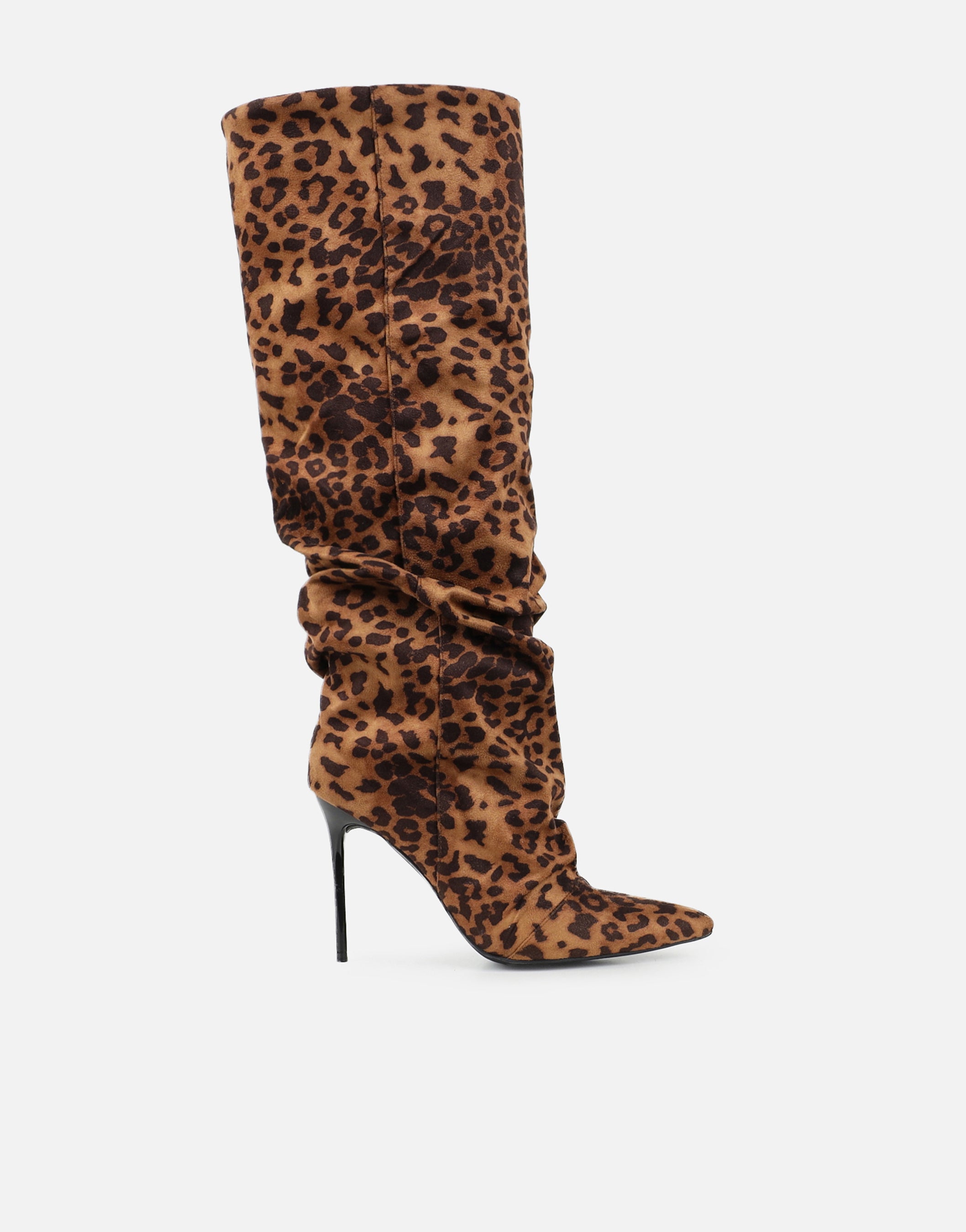 Cotton Leopard Suede Ruched Heeled Boots | SIMMI London