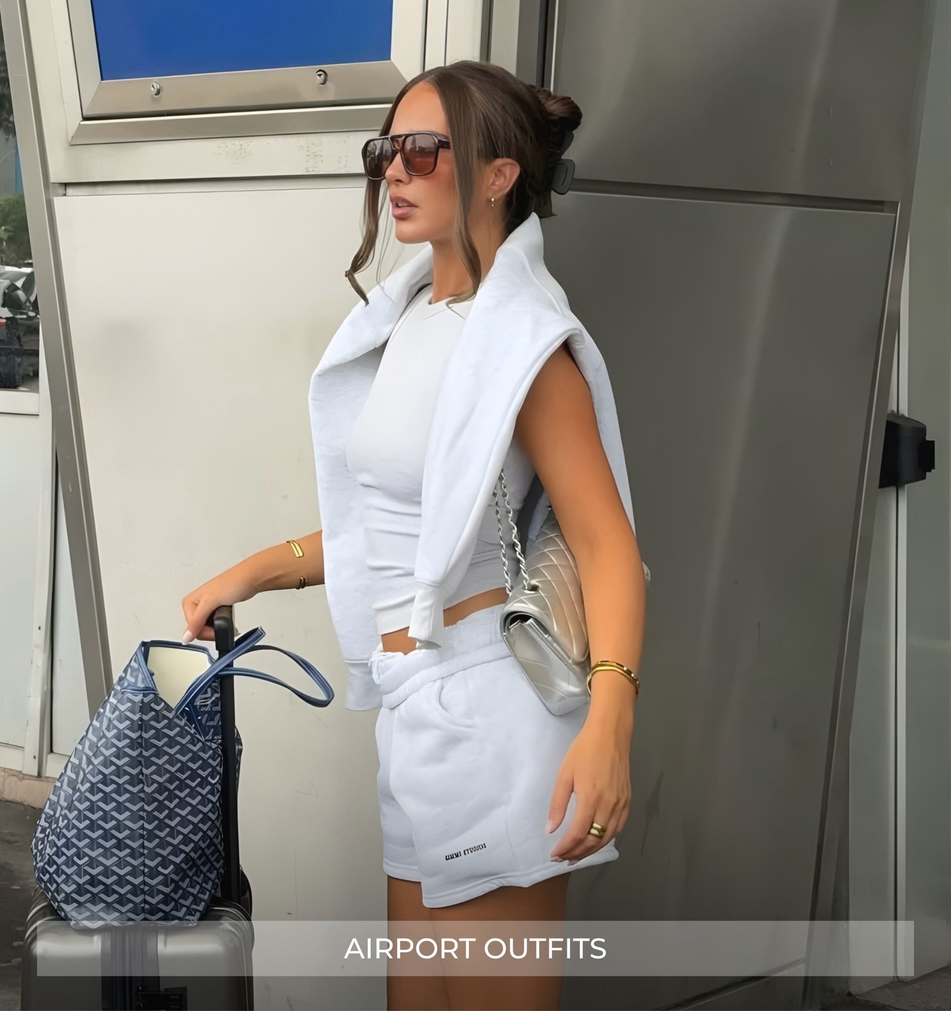 Woman in white outfit with sunglasses and bags, labeled 'Airport Outfits'.