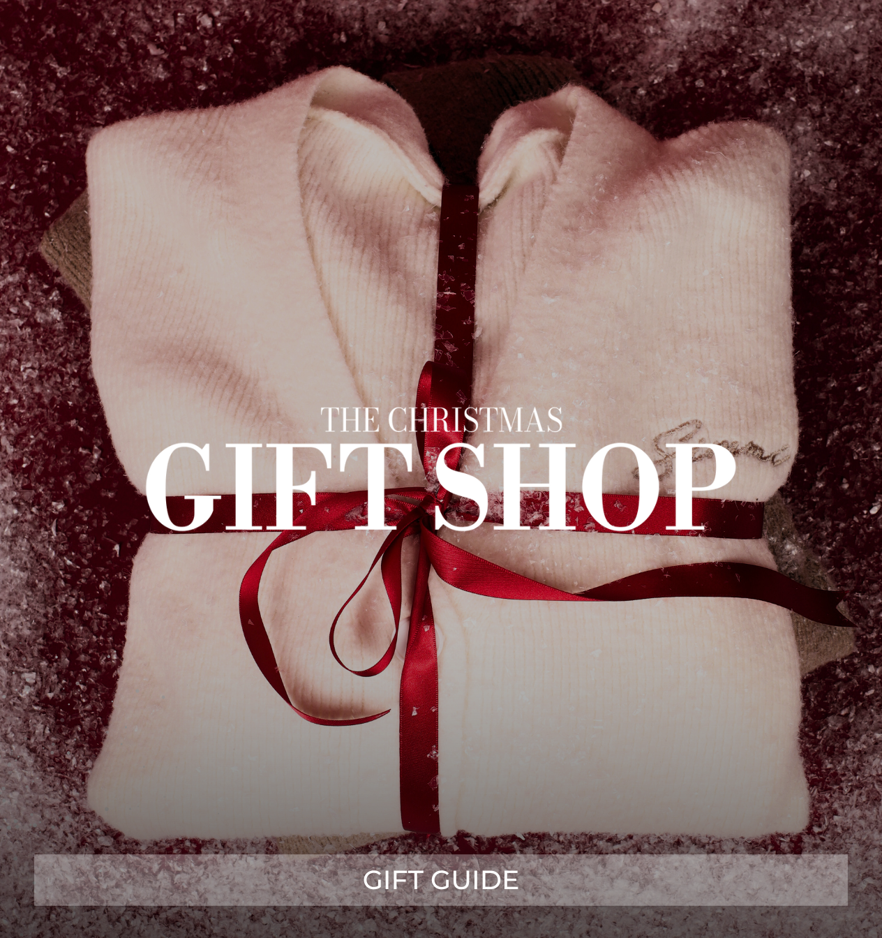 Gift guide cover with a wrapped present and red ribbon on a textured background