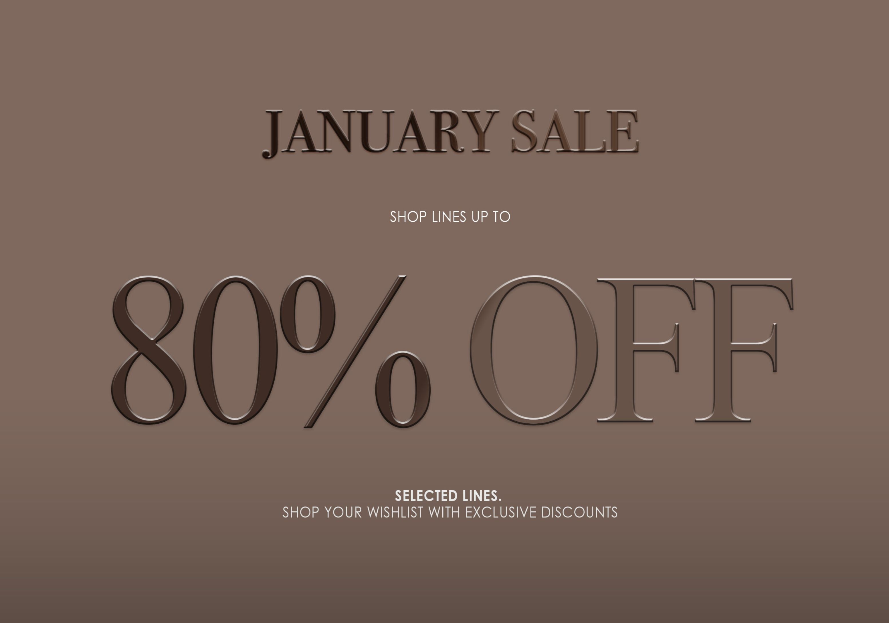 January sale advertisement with 80% off text on a brown background