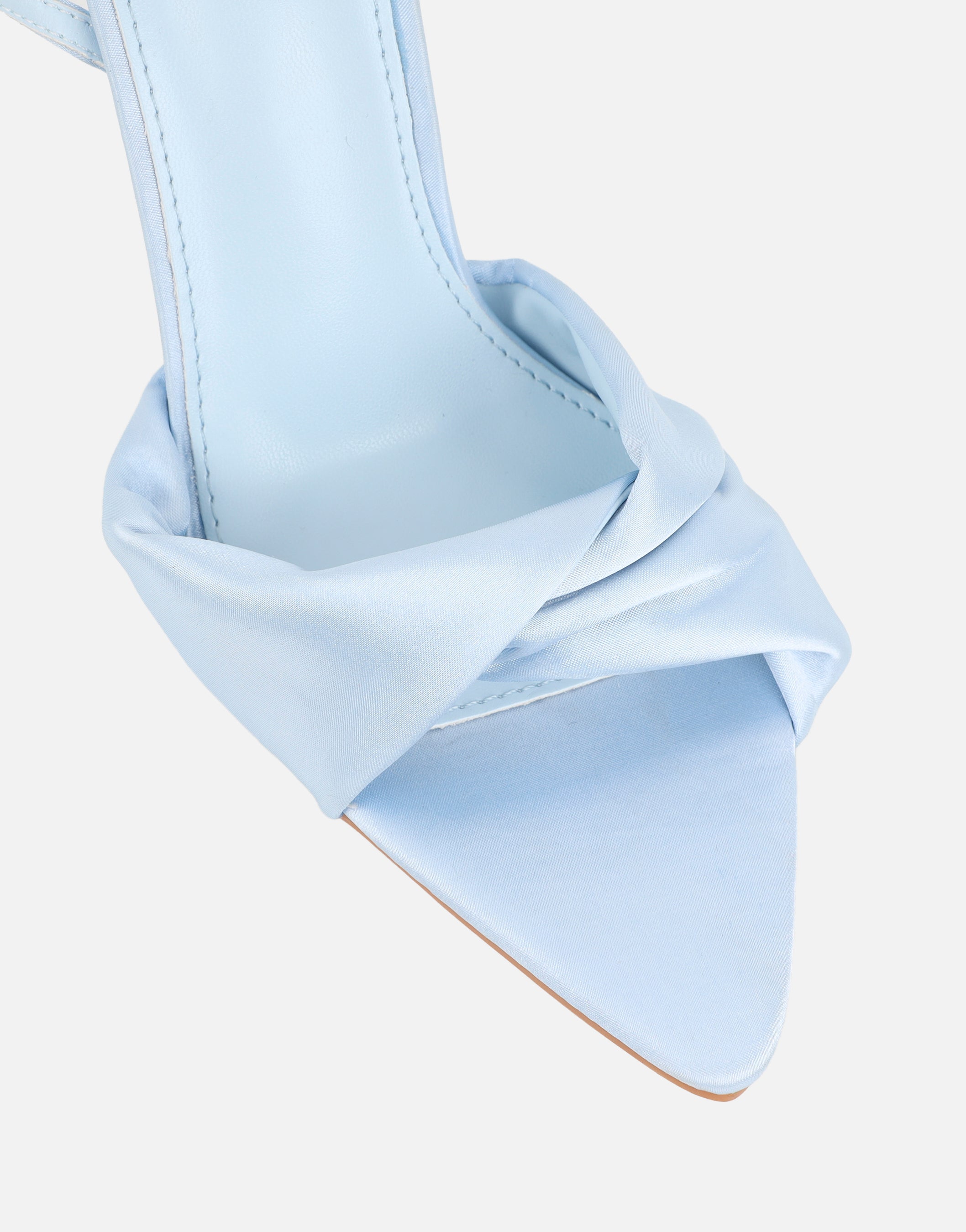 Delilah Blue Satin Ruched Heeled Sandals | SIMMI London