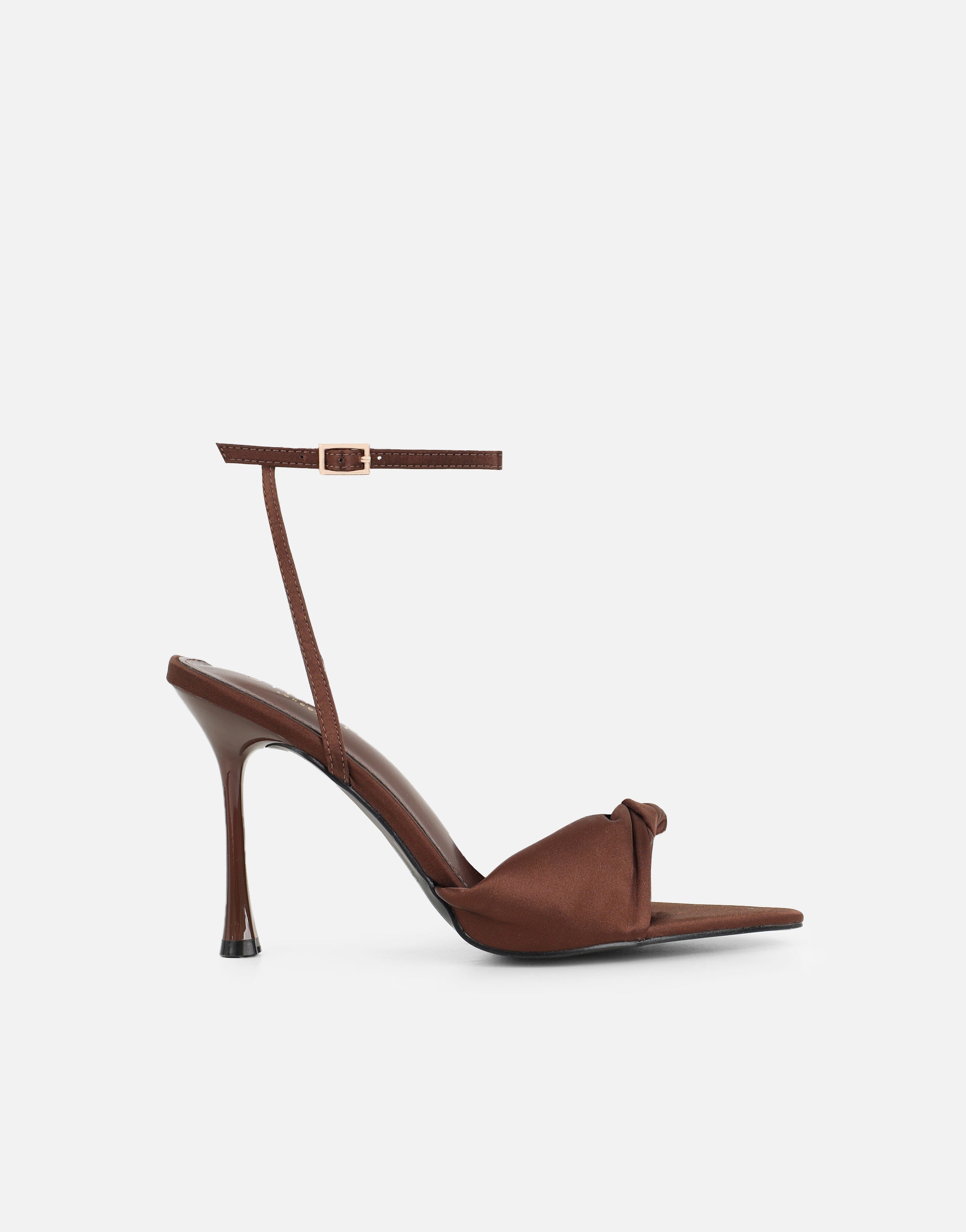 Delilah Brown Satin Ruched Heeled Sandals | SIMMI London