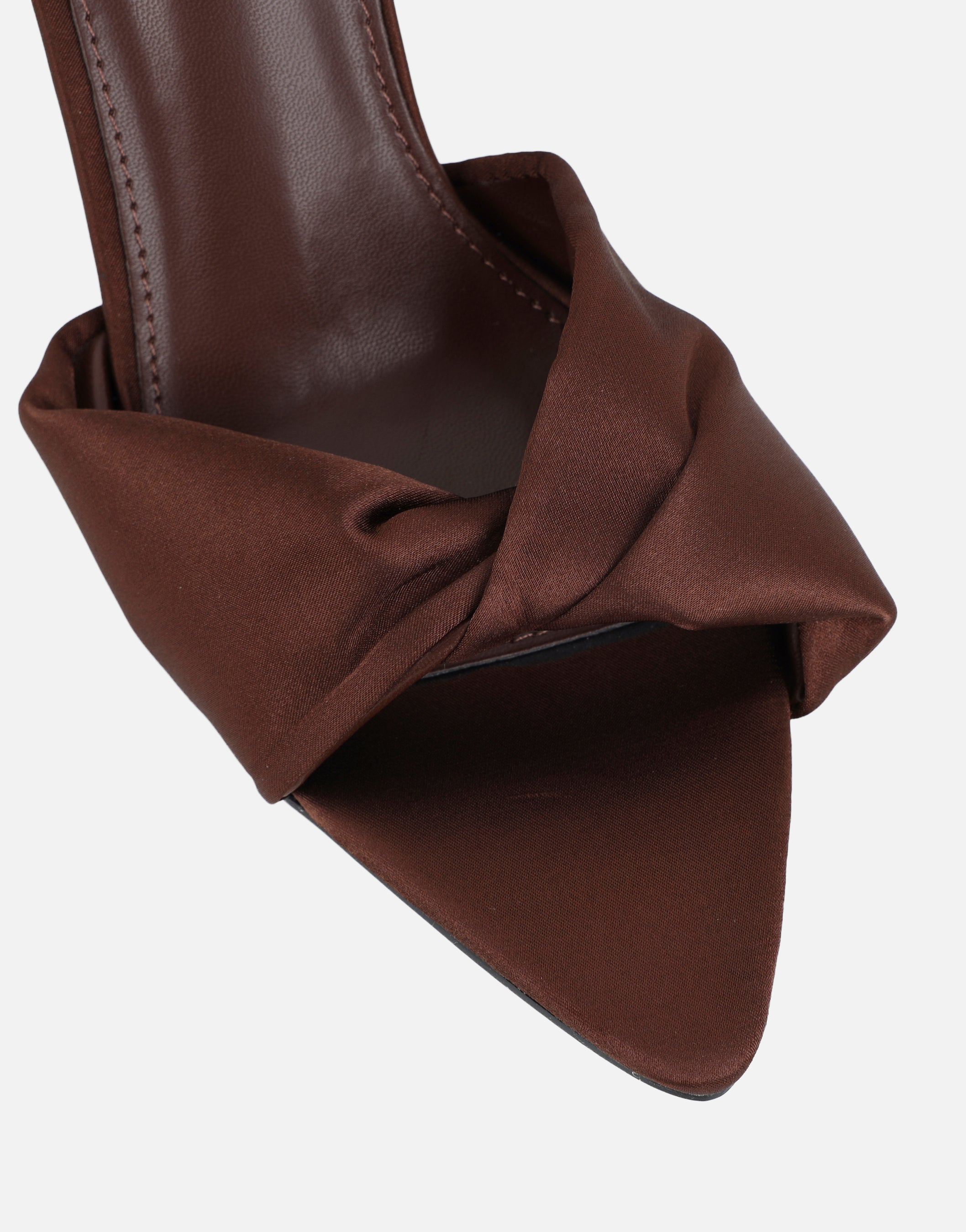 Delilah Brown Satin Ruched Heeled Sandals | SIMMI London