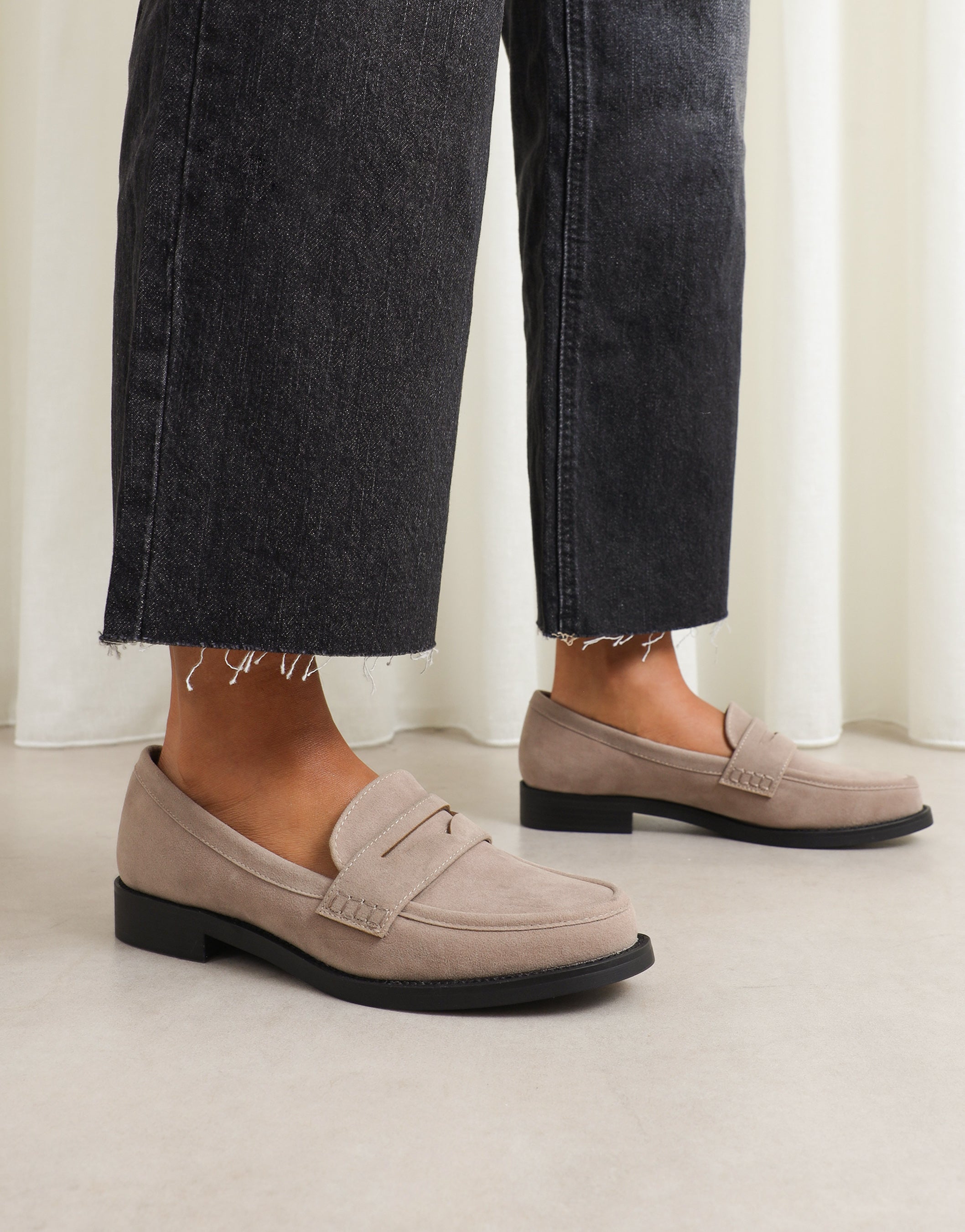 Dime Taupe Suede Penny Loafers | SIMMI London