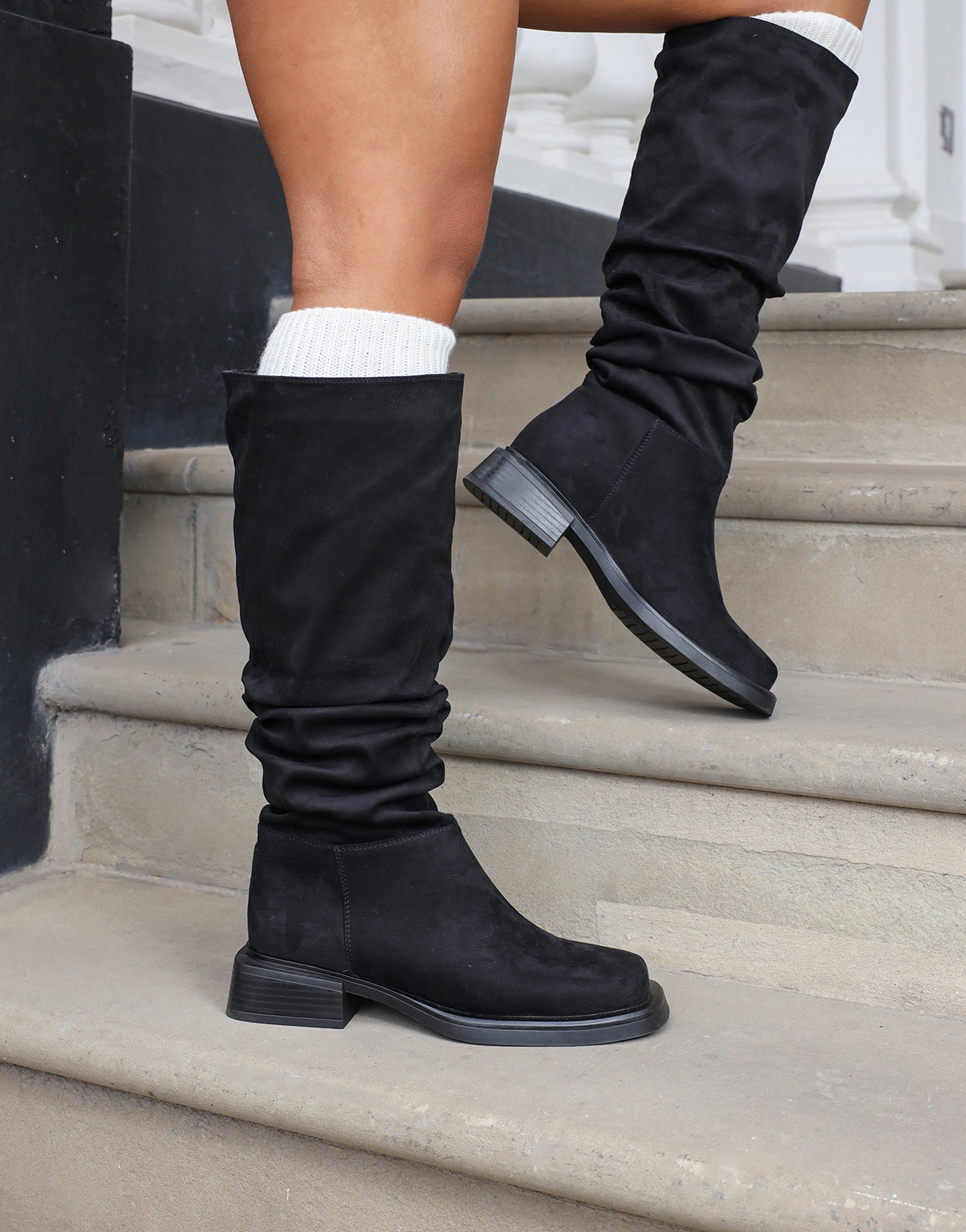 Amrose Black Suede Ruched Heeled Boots | SIMMI London