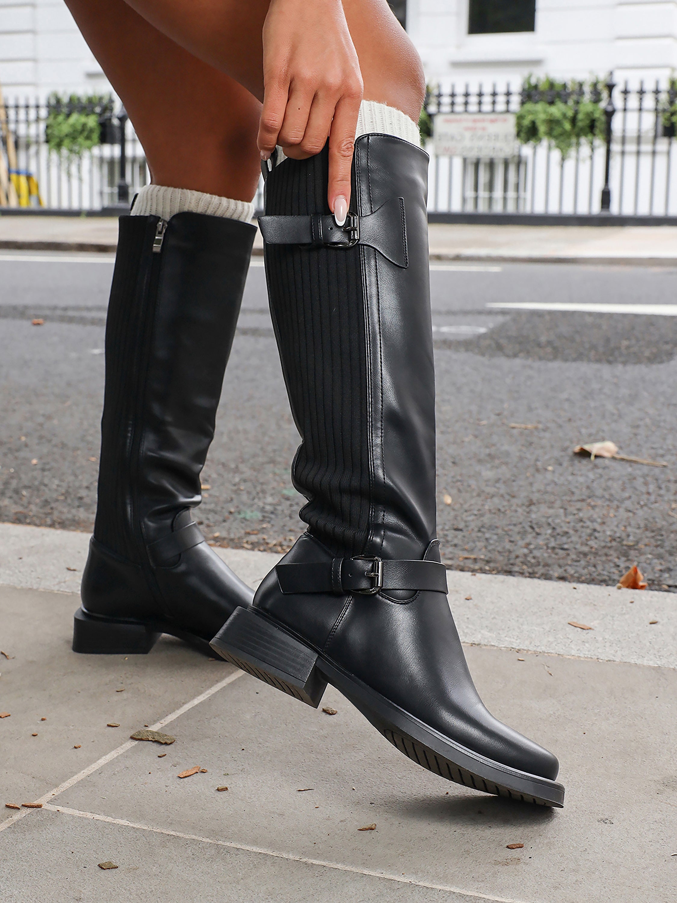 Dilly Black Knee High Buckle Detail Sock Boots | SIMMI London