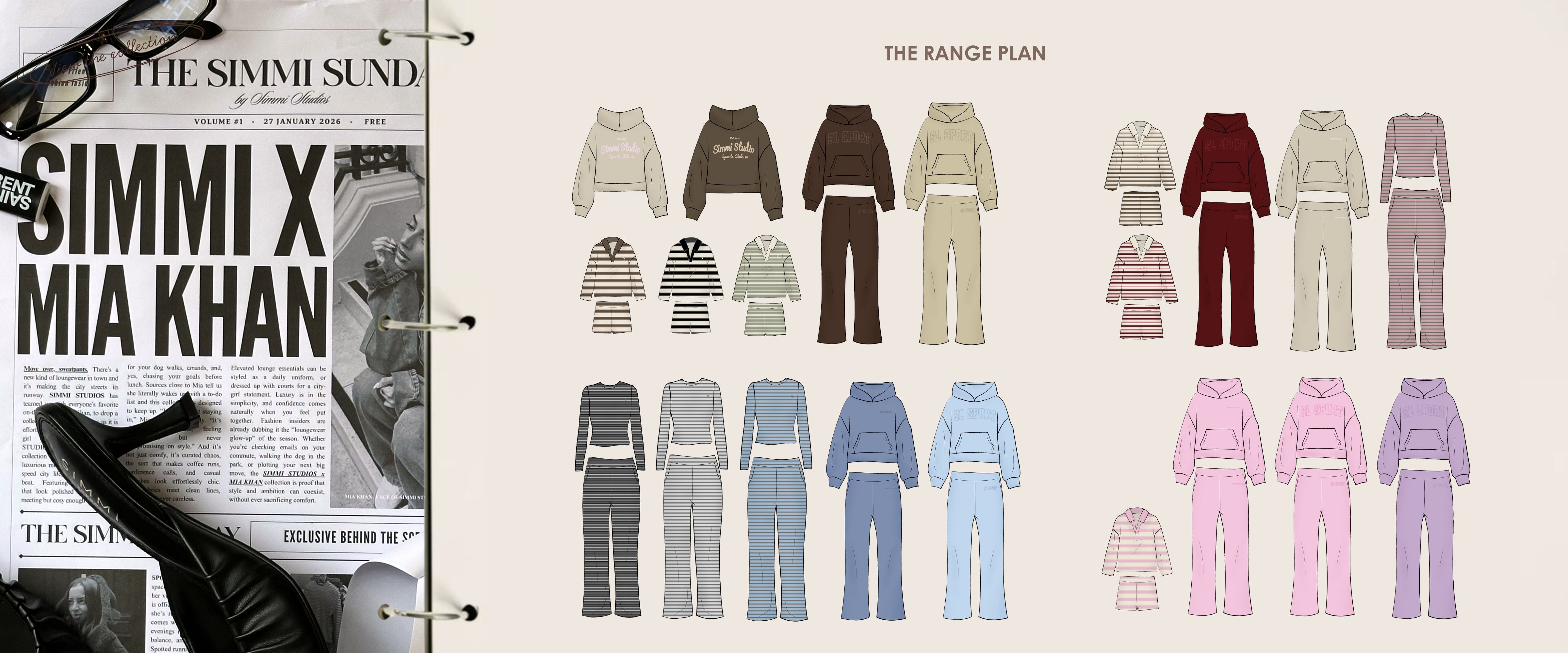 Collage of a magazine cover featuring 'Simmi x Mia Khan' and a range plan of clothing designs.